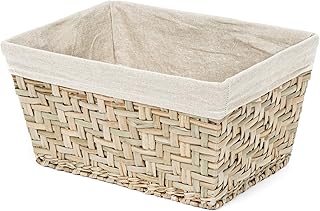 COMPACTOR Panier de Rangement en Jonc de Mer Naturel Tressé à la Main, Housse Amovible en Lin, Bois Clair, 38.5 x 28.5 x H. 20.5 cm, RAN6512
