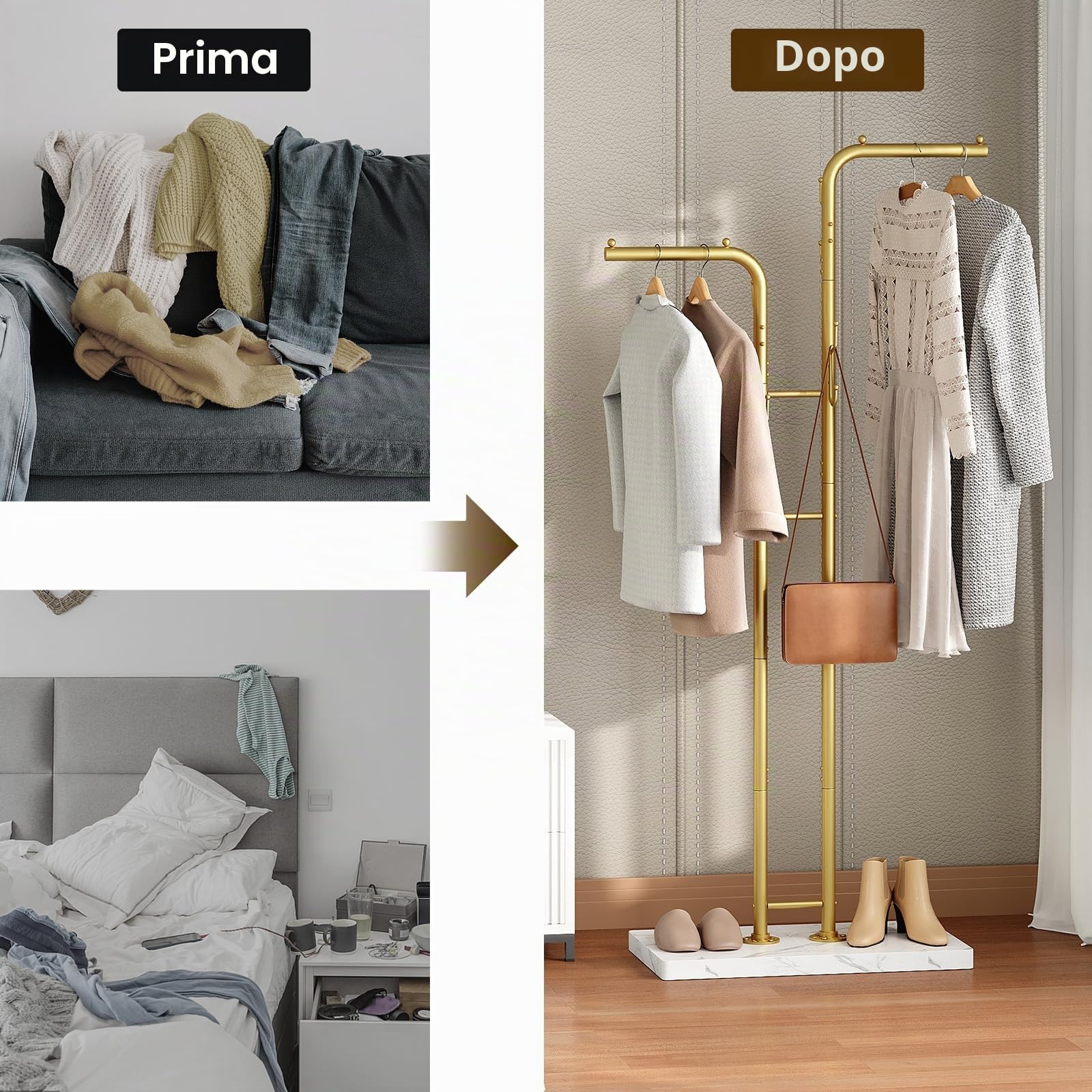 YATINEY Appendiabiti da Terra Doppio con 8 Ganci, Attaccapanni da Terra Oro con Base Effetto Marmo, Moderno Appendiabiti per Ingresso, Soggiorno, Camera da Letto, Spogliatoio XYM02DWY1