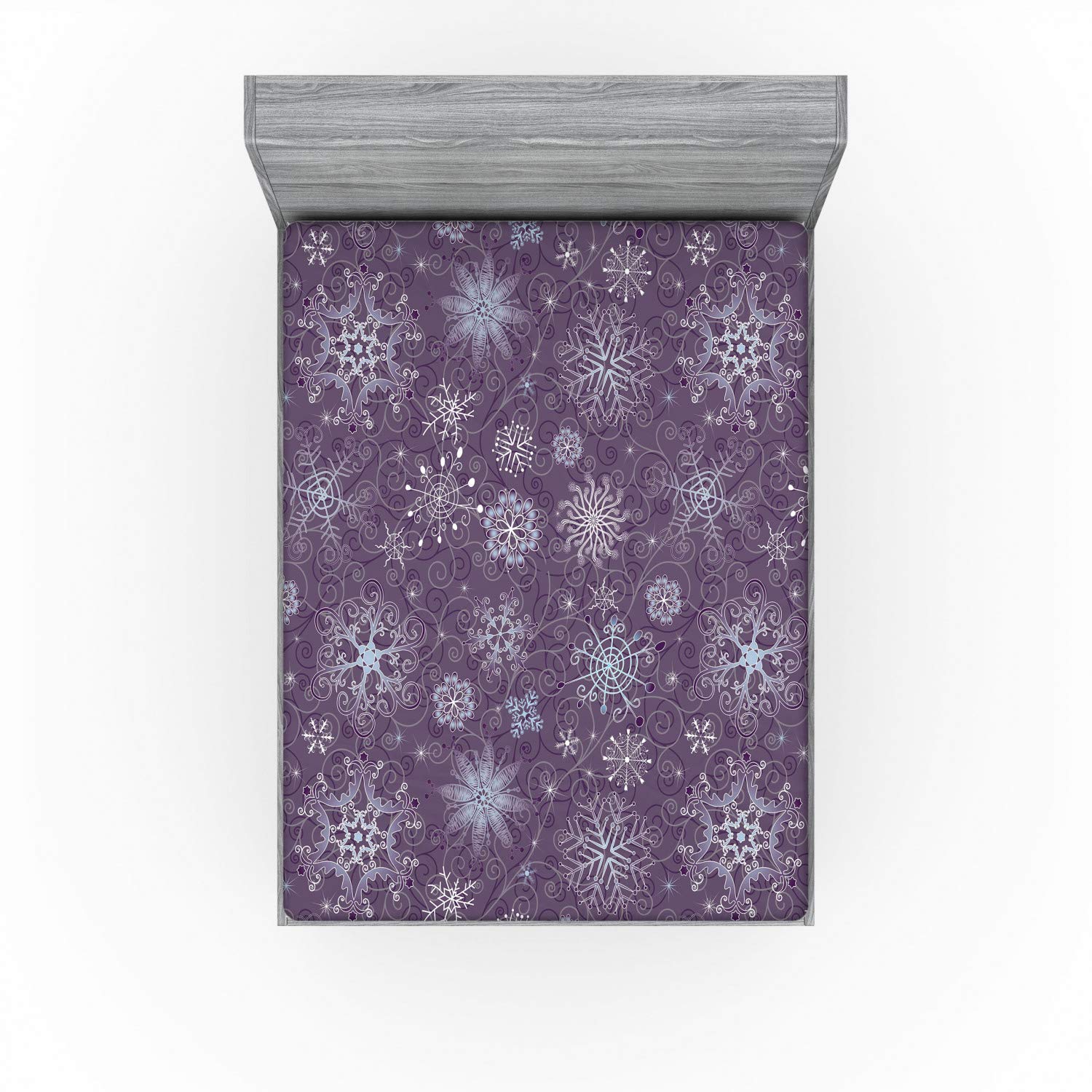 Ambesonne Eggplant Fitted Sheet, Christmas Inspired Flowers Snowflakes and Swirls in a Violet Delicate Environment, Bed Cover with All-Round Elastic Deep Pocket for Comfort, King Size, Violet White