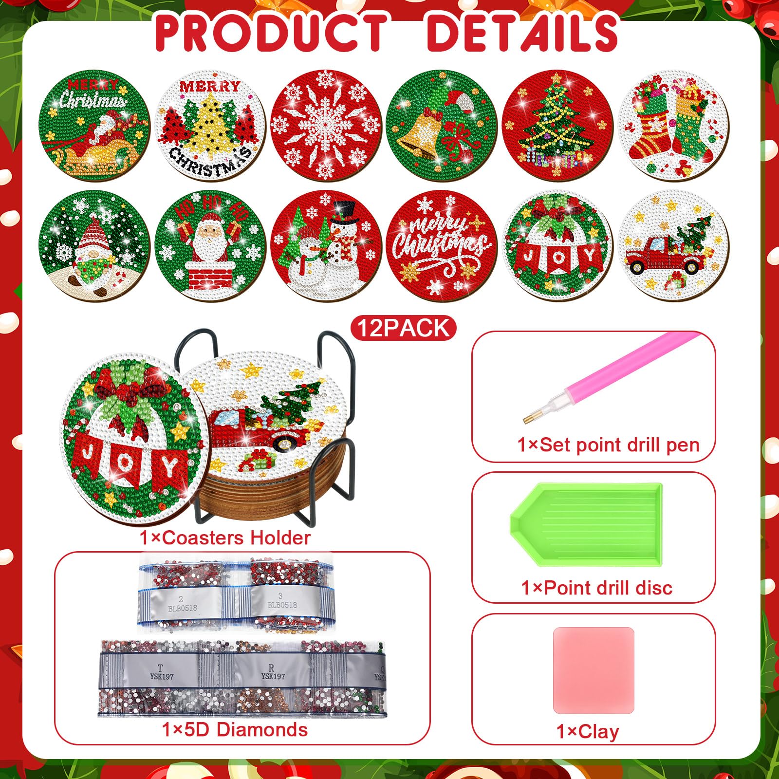 12 posavasos de arte de diamantes de Navidad, clásicos elementos de Navidad, posavasos de pintura de diamantes con soporte, kit de pintura de diamantes de Navidad, Papá Noel, muñeco de nieve, árbol de