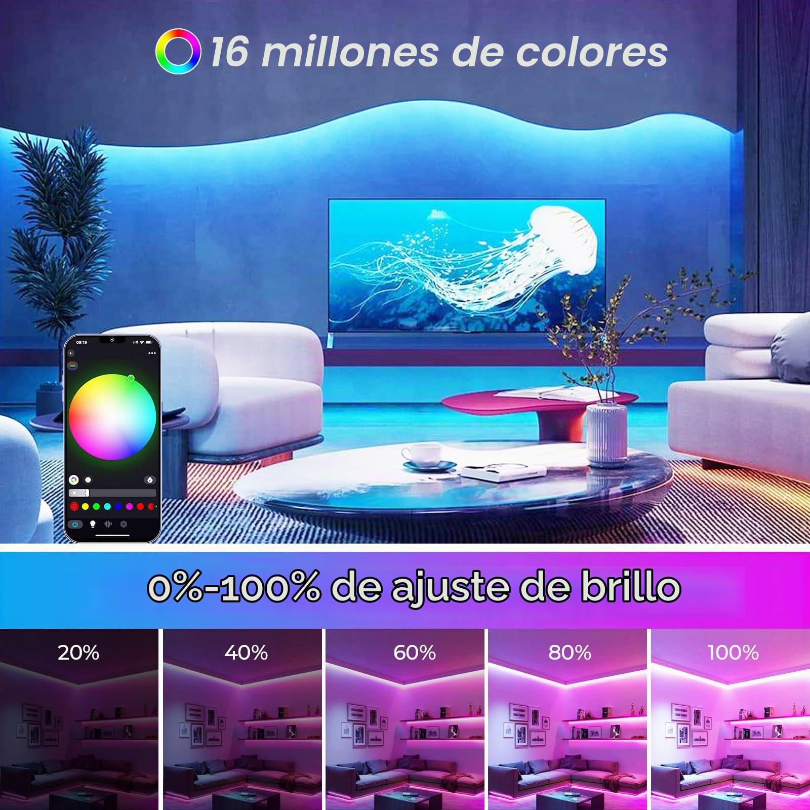 Tira de luces LED WiFi inteligente COB RGB de 10 m, 576 ledes/m, 5760 ledes, 24 V, funciona con Google Home Assistant/Alexaz, regulable y deformable, con mando a distancia WiFi