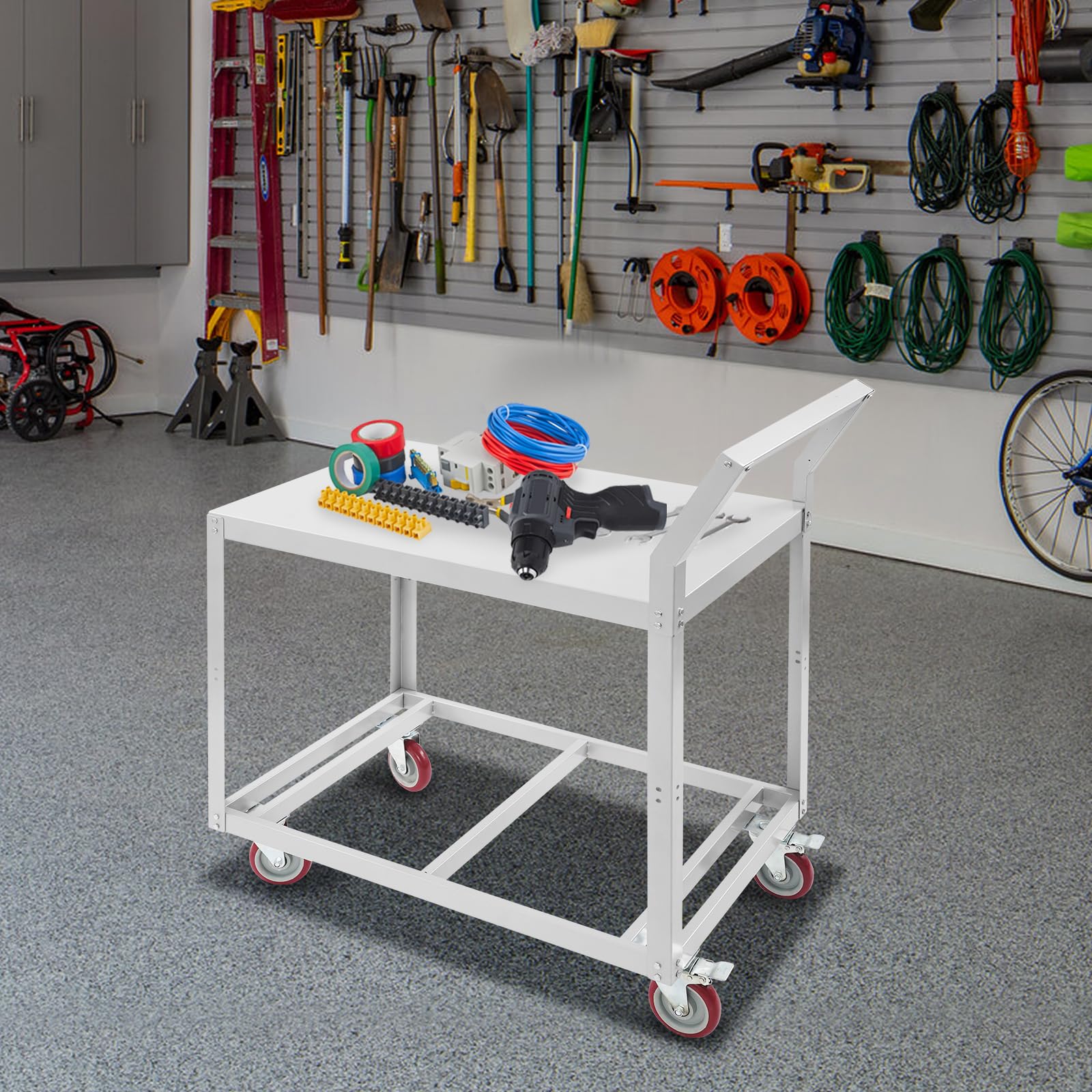 Carro de herramientas con 2 niveles, carro de mesa, carrito de plataforma de acero con ruedas, banco de trabajo con ruedas, carrito multifunción para almacén, garaje, taller, oficina, 90 x 60