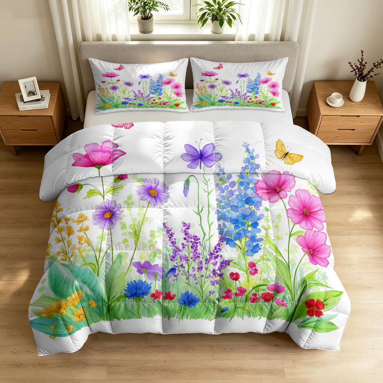 Generisch Trapunta da 135 x 200 cm, con fiori selvatici, farfalle e prato, 4 stagioni, utilizzabile senza rivestimento, soffice e morbida, stile rustico ad acquerello, lavabile con federa