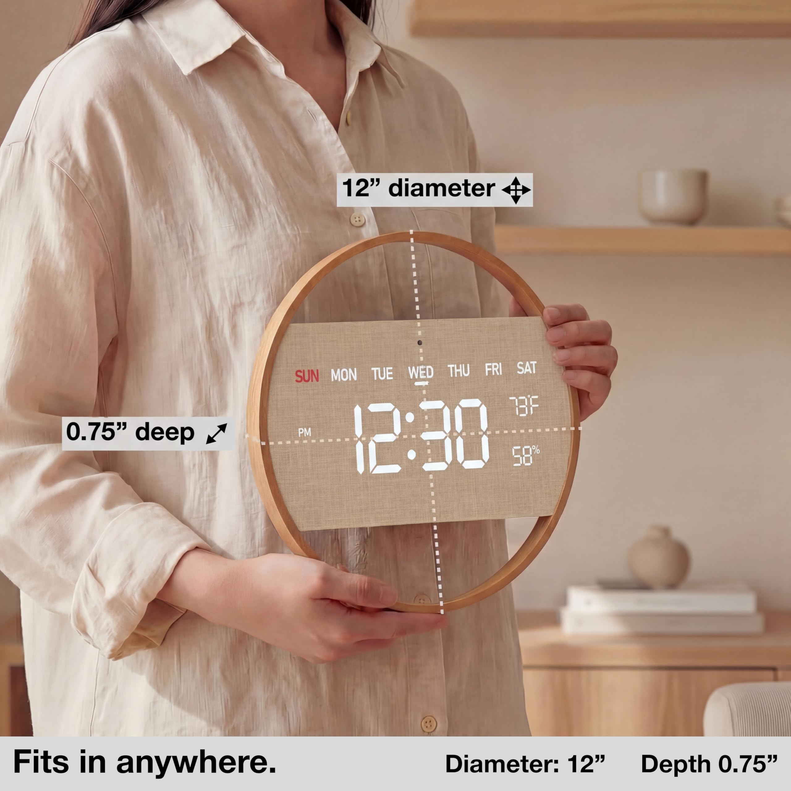 Driini Moderno reloj de pared digital LED, madera de bambú con pantalla de números grandes, día de la semana, hora, temperatura y humedad, decoración estética bohemia para sala de estar o dormitorio,