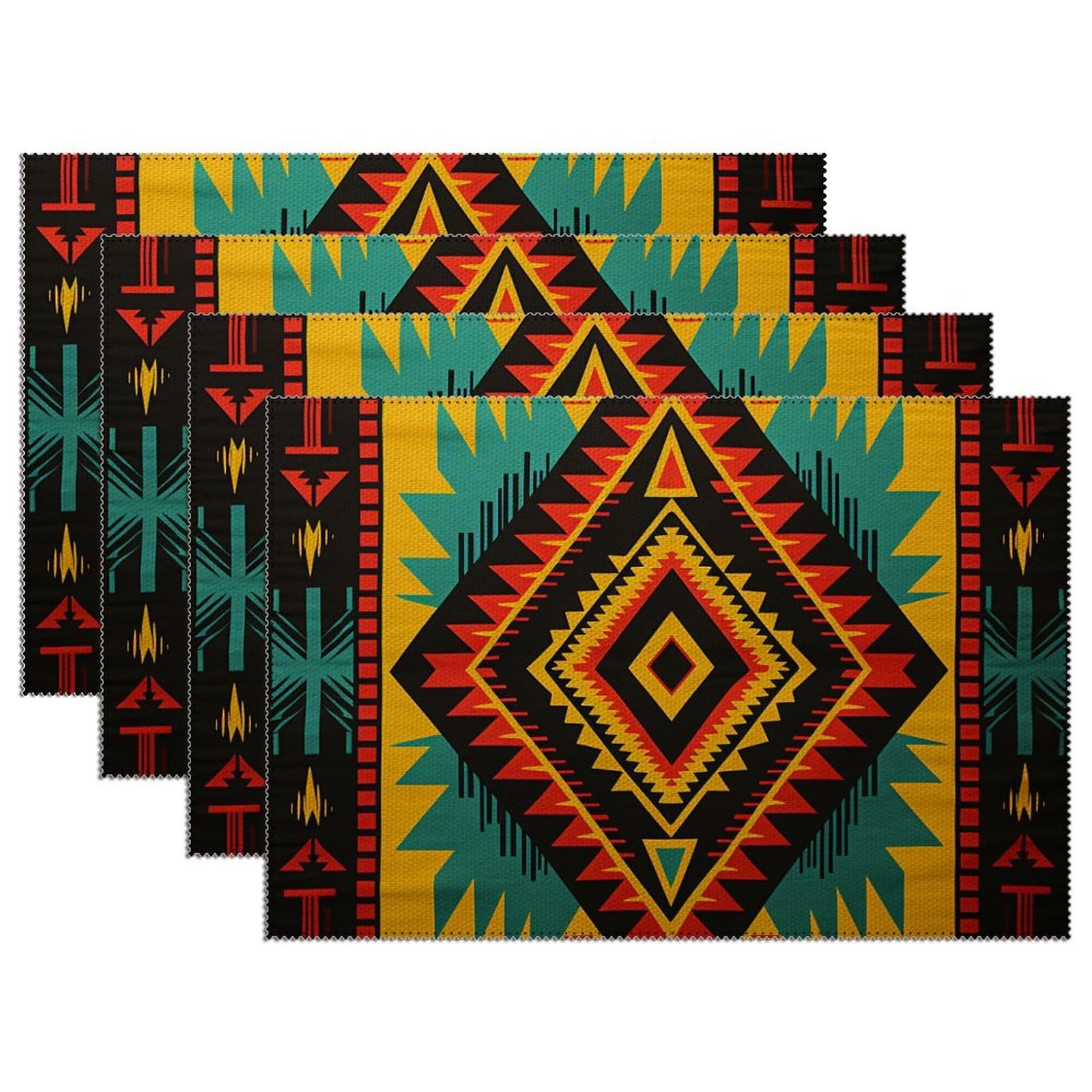Luckluccy African Ethnic Geometric Placemats Set Of 4 12X18 Inch Japanese Asian Style Table Placemats Stain Resistant Washable Maximalist Placemat For Kitchen Dining Table Decoration