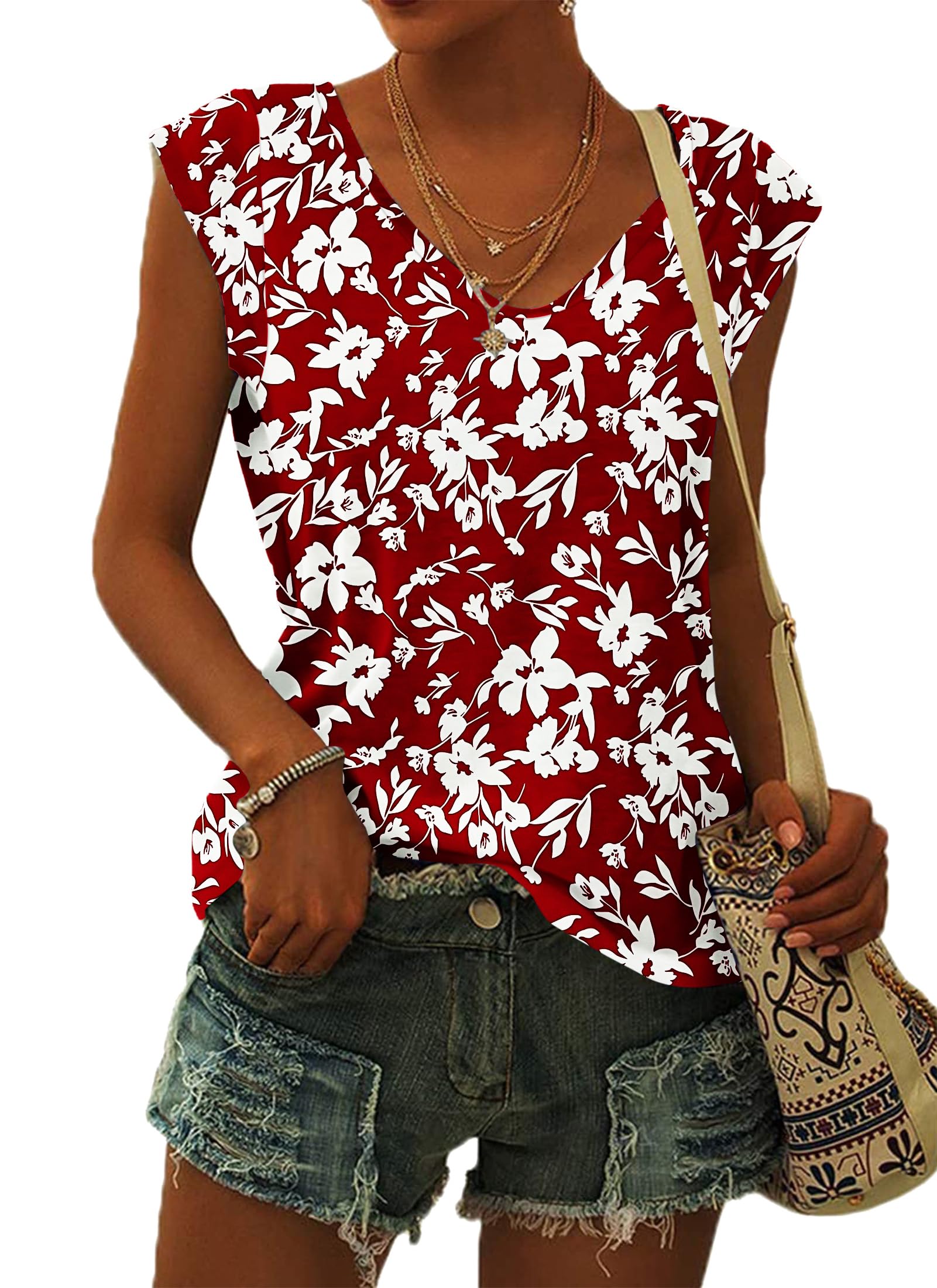 Wneedu Women's 01-Red White Flower Tops Summer T-Shirts For Uk V Neck Cap Sleeve Summer Tank Tops Blouses Red White Flower Xl