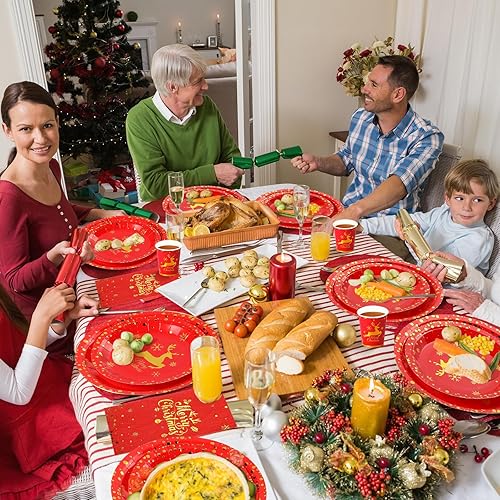 Miniatura 7 de Juego de 175 platos y servilletas de papel de Feliz Navidad, vajilla desechable para fiesta de Navidad, puntos de aluminio, platos de Navidad,