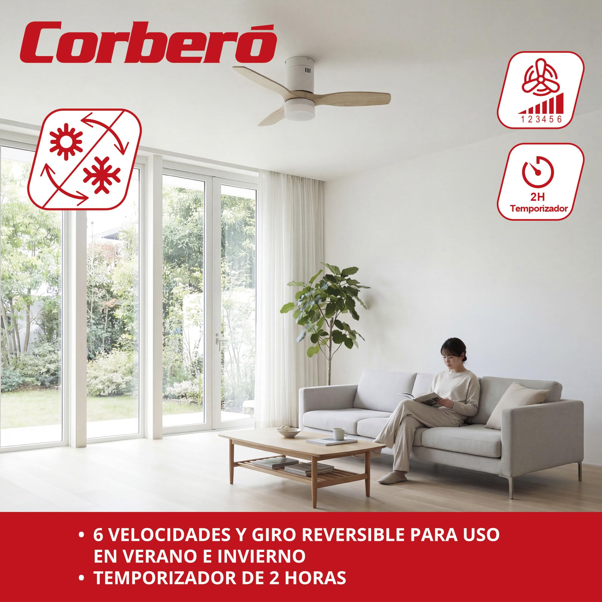 Corberó - Ventilador de Techo con Luz LED 132 cm | CVTGHC4 |Silencioso | 6 Velocidades | Diseño Nórdico | Temporizador|Mando a Distancia | Modo Verano - Inverno |Aspas de Madera Clara