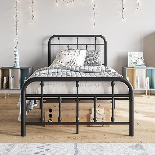 Elegant Home Products Marco de cama vintage de tamaño individual con cabecera y estribo plataforma de metal resistente con soporte de listones de