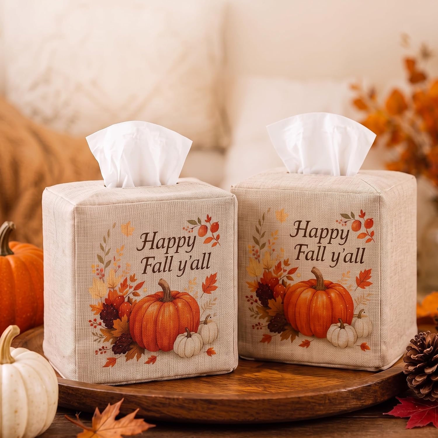 Reallnaive 2 Pcs Fall Tissue Box Cover Square, Pumpkin Maple Leaf