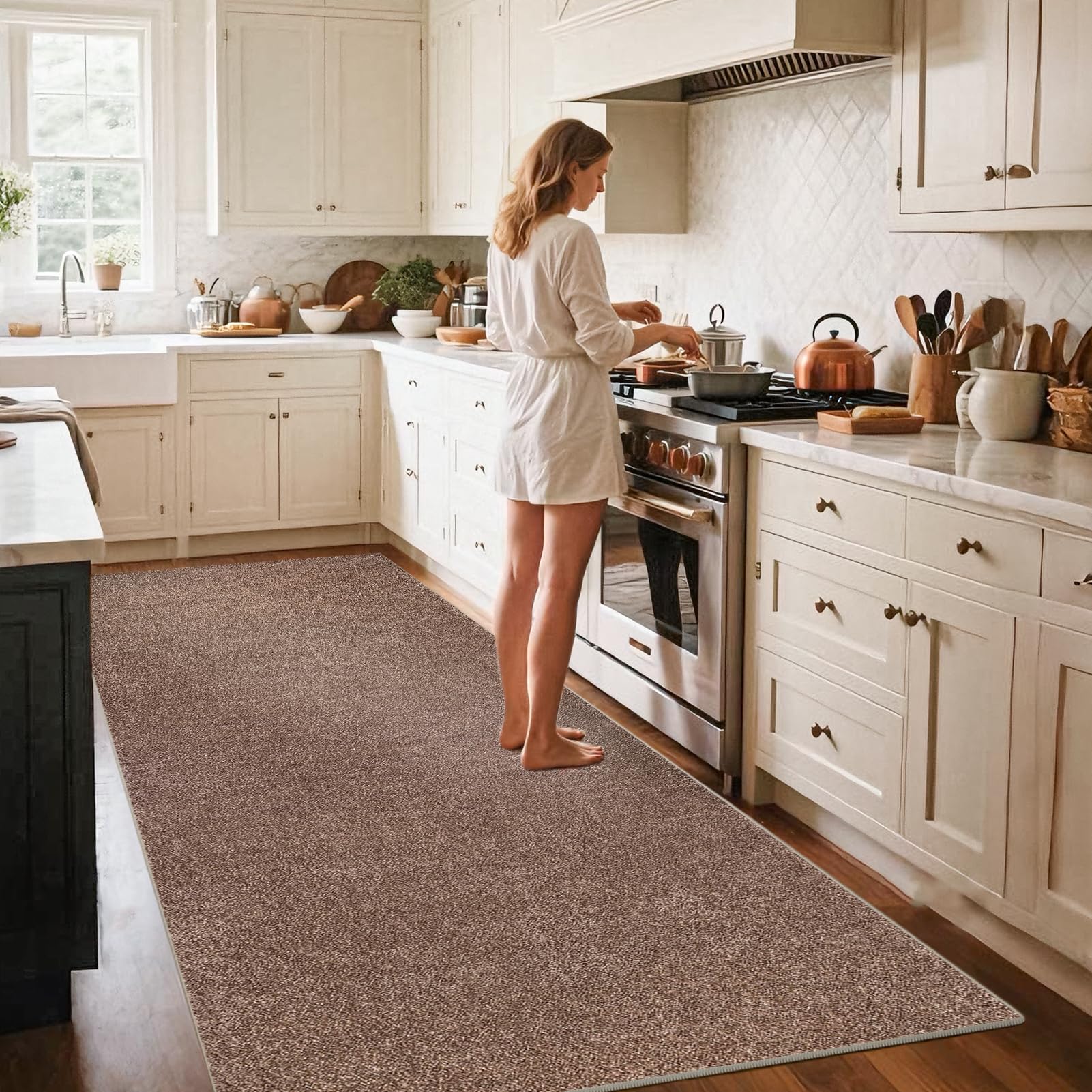 Tapis Couloir Long 40 x 220 cm Marron Tapis de Cuisine Devant Evier Lavable Antiderapant Tapis de Passage Couloir Paillasson Tapis Entree Interieur Tapis de Sol pour Couloir Cuisine Chambre