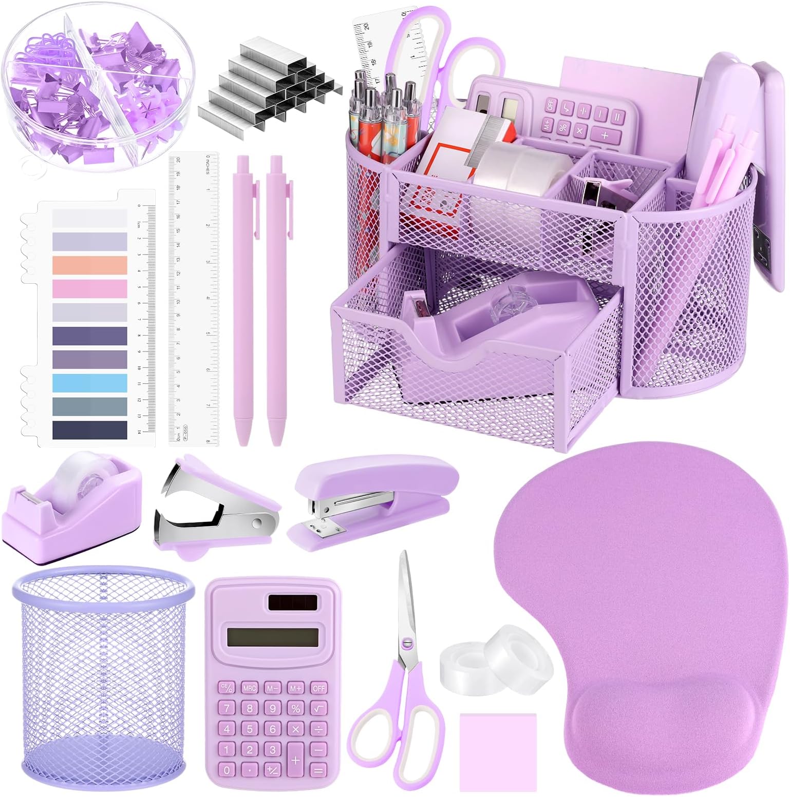 VAIPI 17 Pcs Purple Office Supplies Set Desk Organizers and Accessories with Mouse Pad, Calculator, Stapler, Staples, Scissors, Pens, Sticky Notes, Page Markers for Office School Home