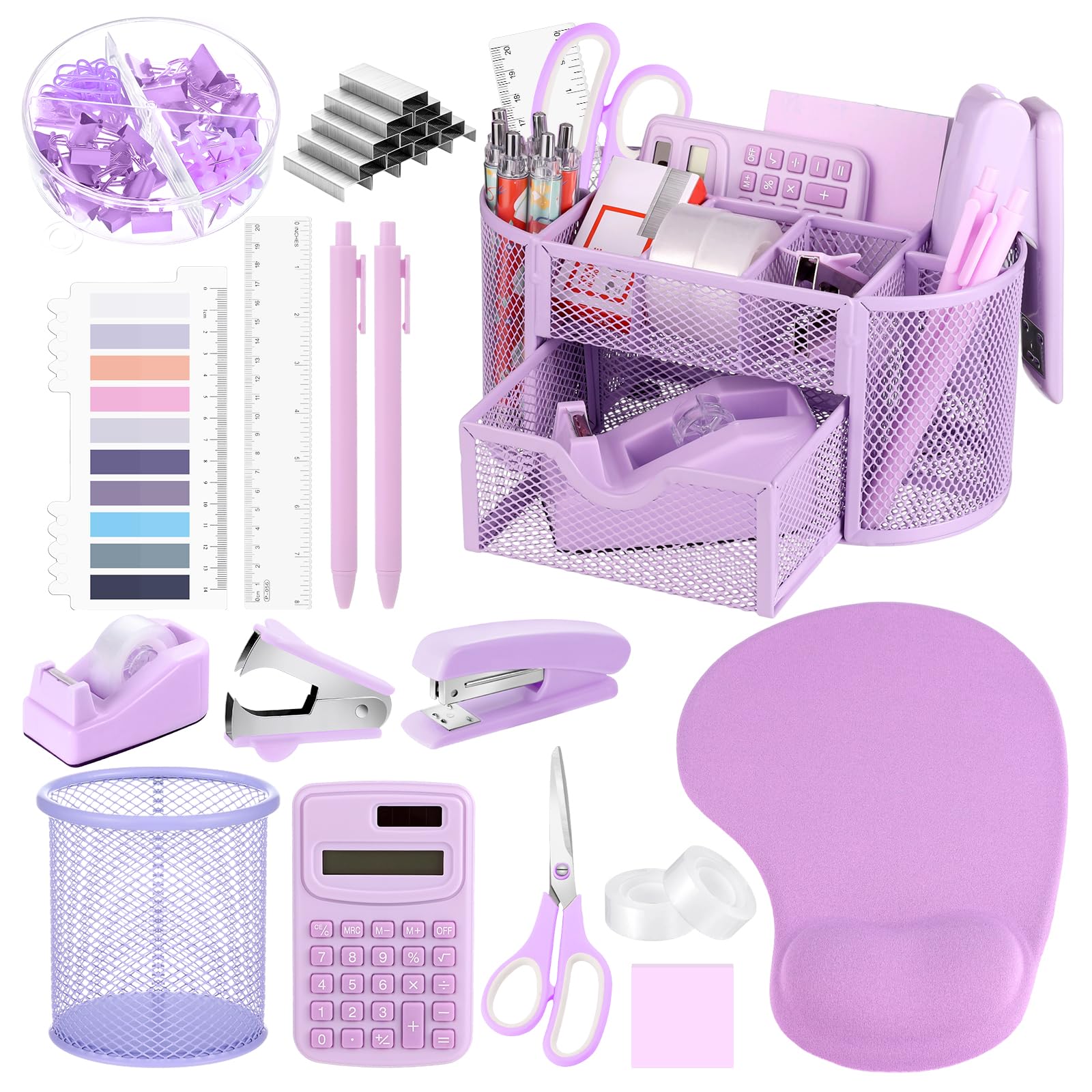 VAIPI 17 Pcs Purple Office Supplies Set Desk Organizers and Accessories with Mouse Pad, Calculator, Stapler, Staples, Scissors, Pens, Sticky Notes, Page Markers for Office School Home