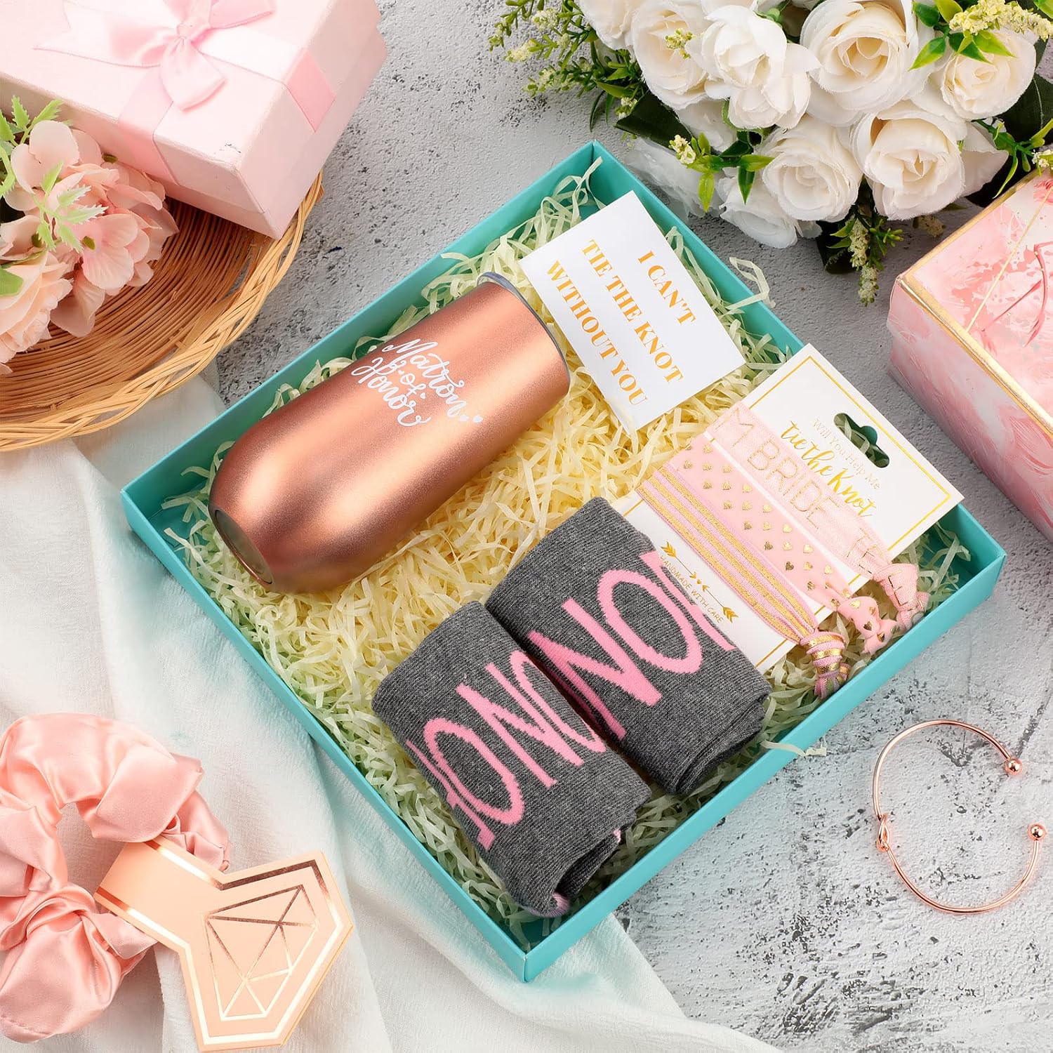 Yexiya 13 Pcs Bridesmaid Proposal Box Gifts Set Will You Be My Maid of Honor Gifts 6 oz Stainless Steel Wine Tumbler Socks Scrunchie for Pen Engagement Wedding Bachelorette Party Supply(Rose)
