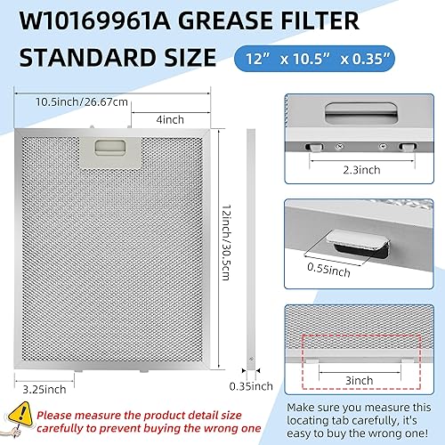 Miniatura 2 de Paquete de 3 filtros de campana extractora W10169961A de repuesto de filtro de malla de aluminio de 10.5 x 12 pulgadas compatible con Whirl-pool,