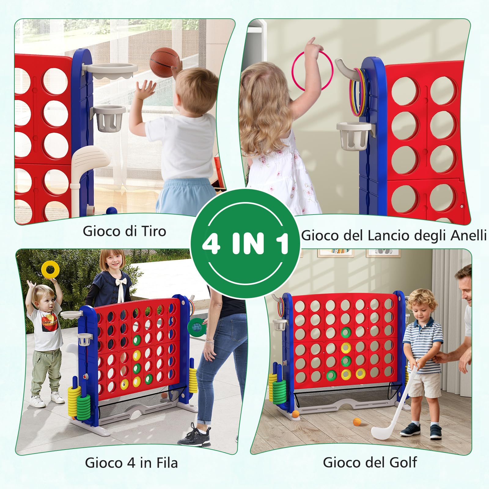 COSTWAY 4 in 1 Forza 4 Gigante, Set di Gioco 4 in Fila con Lancio degli Anelli, Canestro da Basket, Palla, Mazza da Golf, Porta Bicchieri, Borsa e Tasca a Rete, Forza 4 Regolabile in Altezza (Rosso)