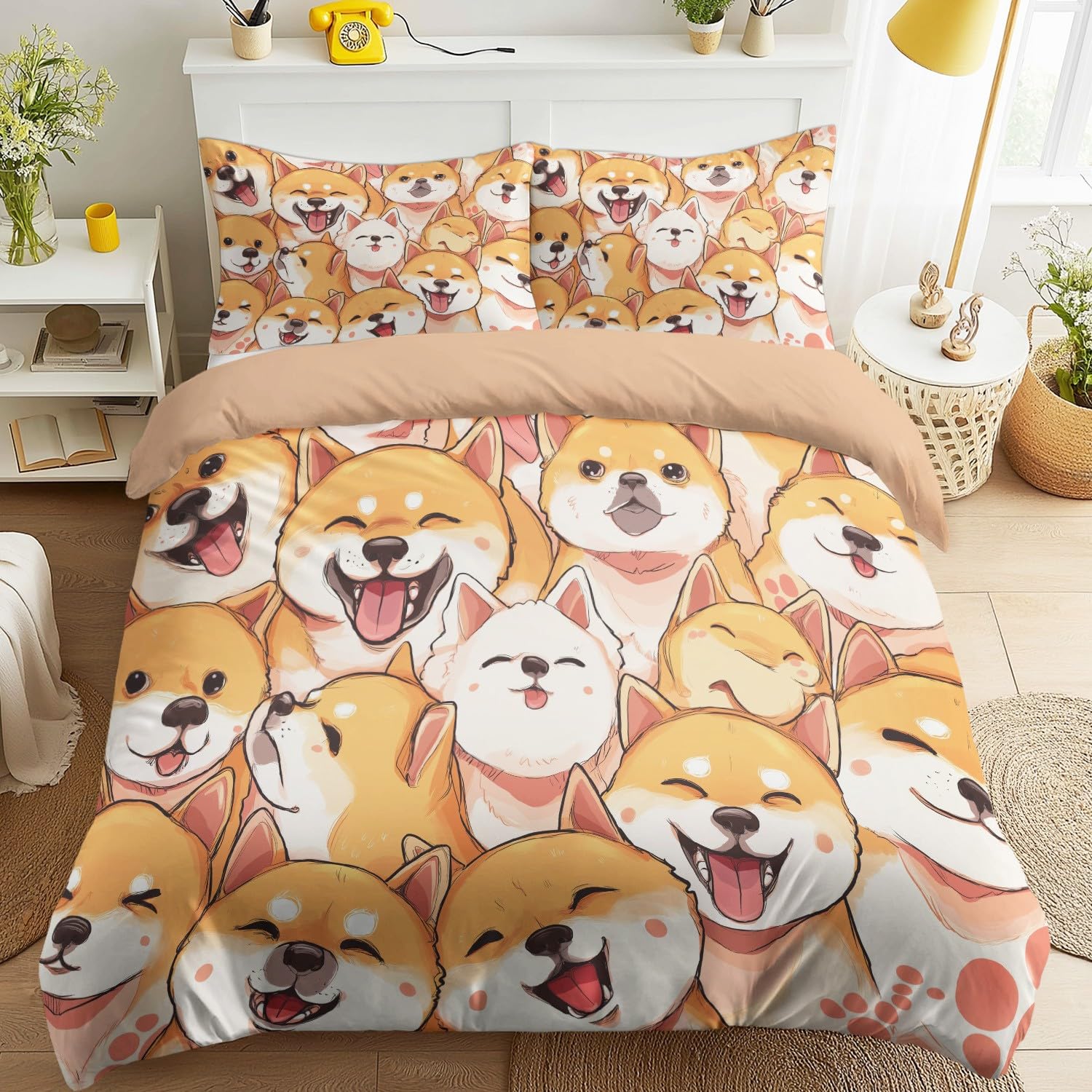 Linge de lit Shiba Inu marron style anime pour chambre d'enfant