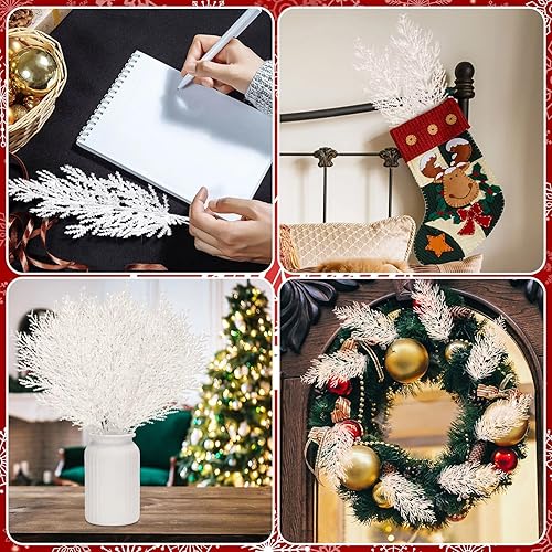 Miniatura 5 de Giegxin 48 agujas de pino artificial con purpurina de Navidad, ramas de pino, ramas para árbol de Navidad, tallo brillante para Navidad, corona de