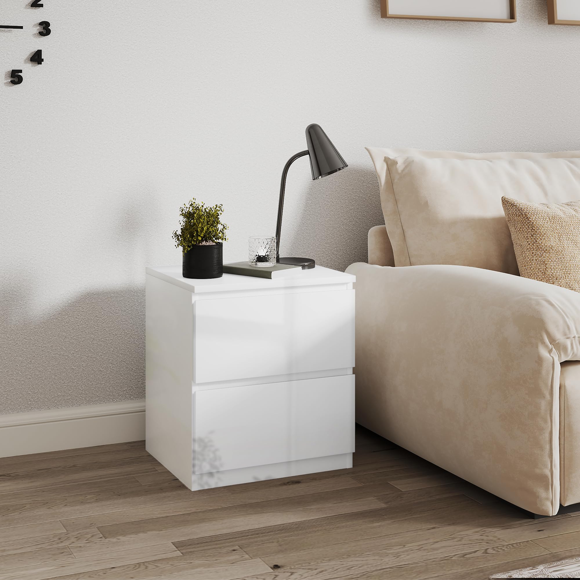 HOMCOM Mesita de Noche Moderna Mesilla de Noche con 2 Cajones Mesa de Noche Mesa Auxiliar para Dormitorio Salón 40x34x45 cm Blanco Brillo