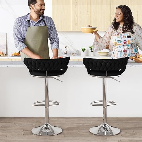 Miniatura 4 de AWQM Juego de 2 taburetes de bar de terciopelo negro, taburetes de cocina giratorios de altura ajustable con respaldo bajo para comedor, barra de