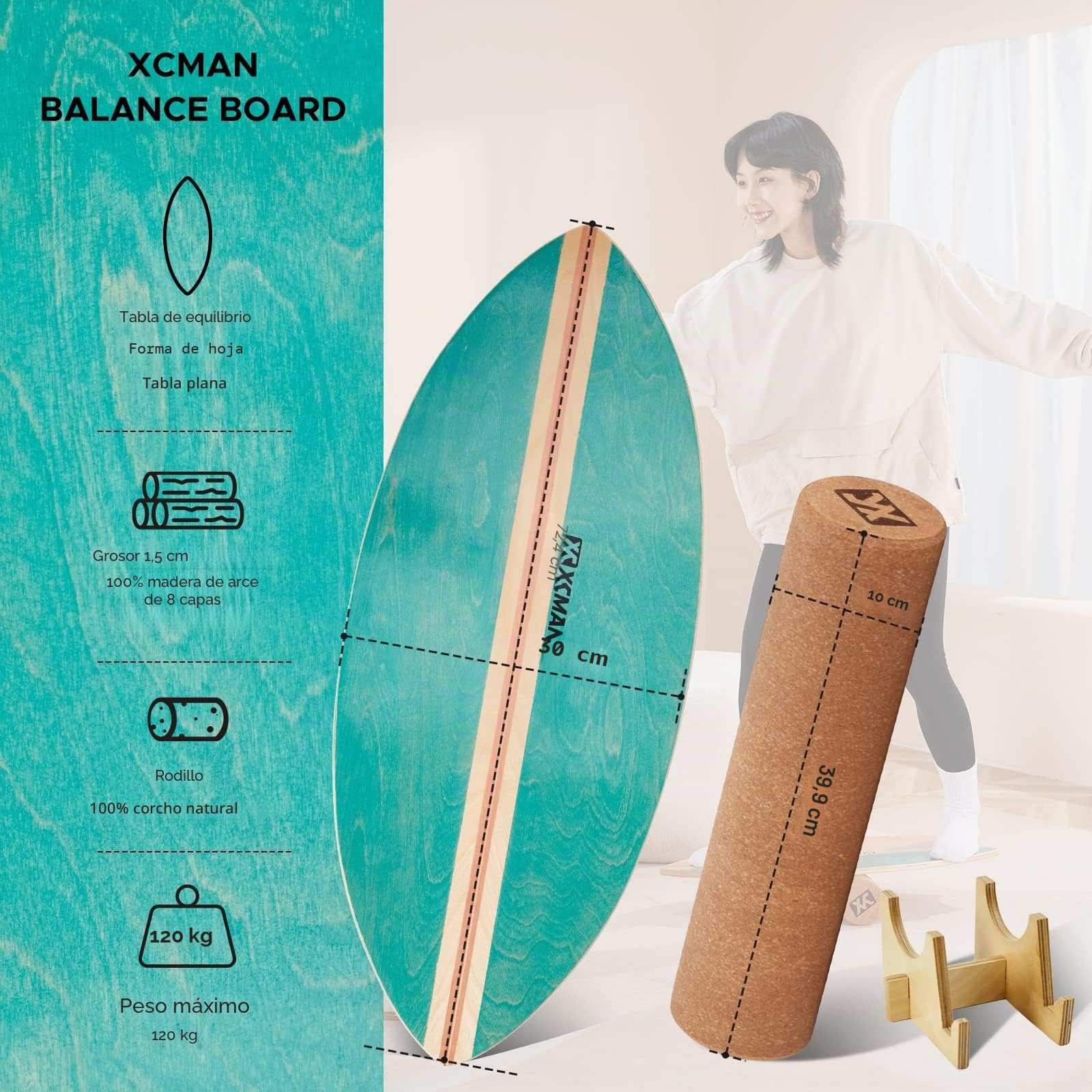 XCMAN Tabla de equilibrio de surf con rodillo de madera para ejercicios de equilibrio y estabilidad, superficie antideslizante para adultos y niños, tabla de equilibrio para surf, snowboard, patineta