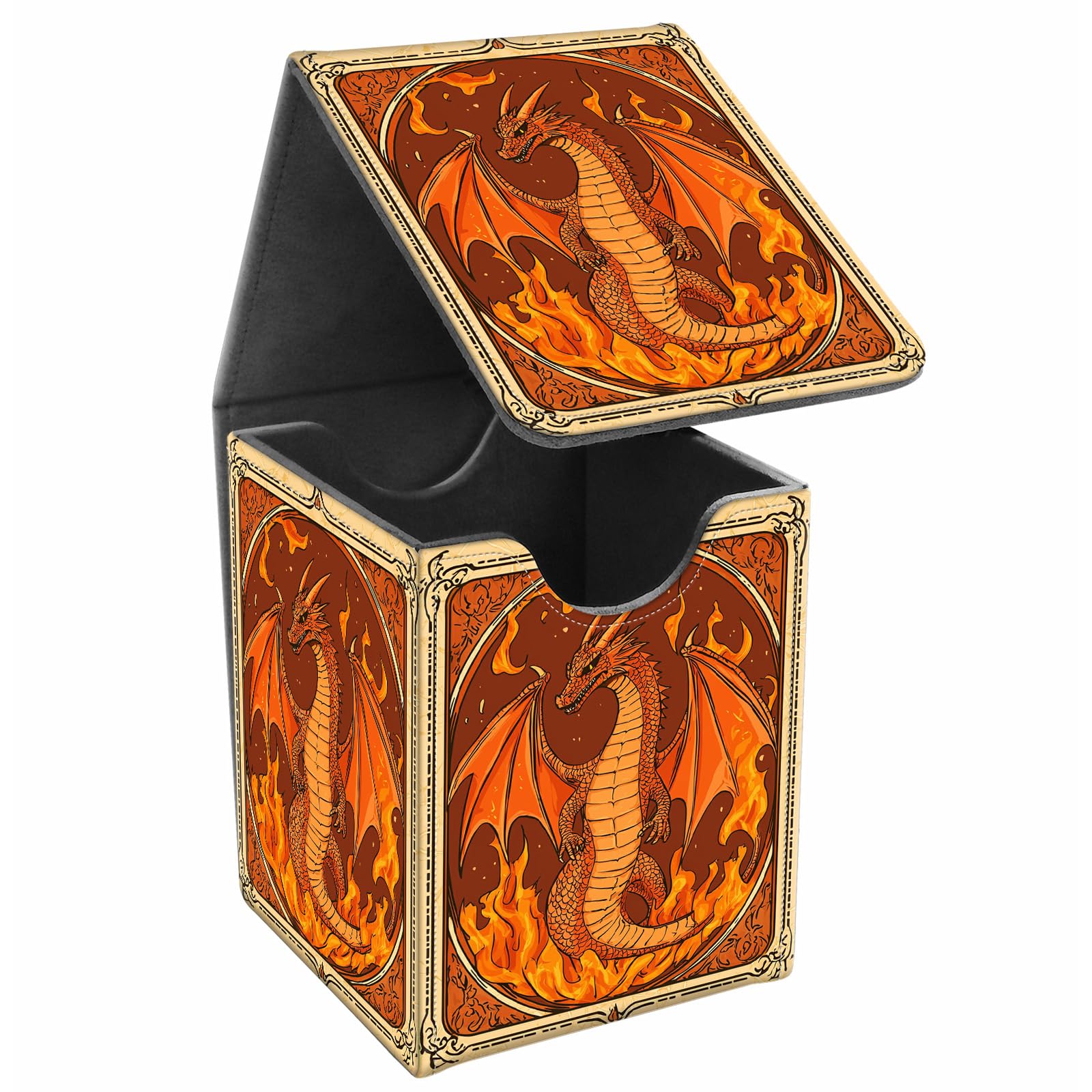 JANENFNA Card Deck Box, Card Storage Box Fits 100+ Single Sleeved Cards, Large Capacity PU Leather Card Storage Box with Strong Magnet for Magic Commander TCG/CCG, Dragon Fire