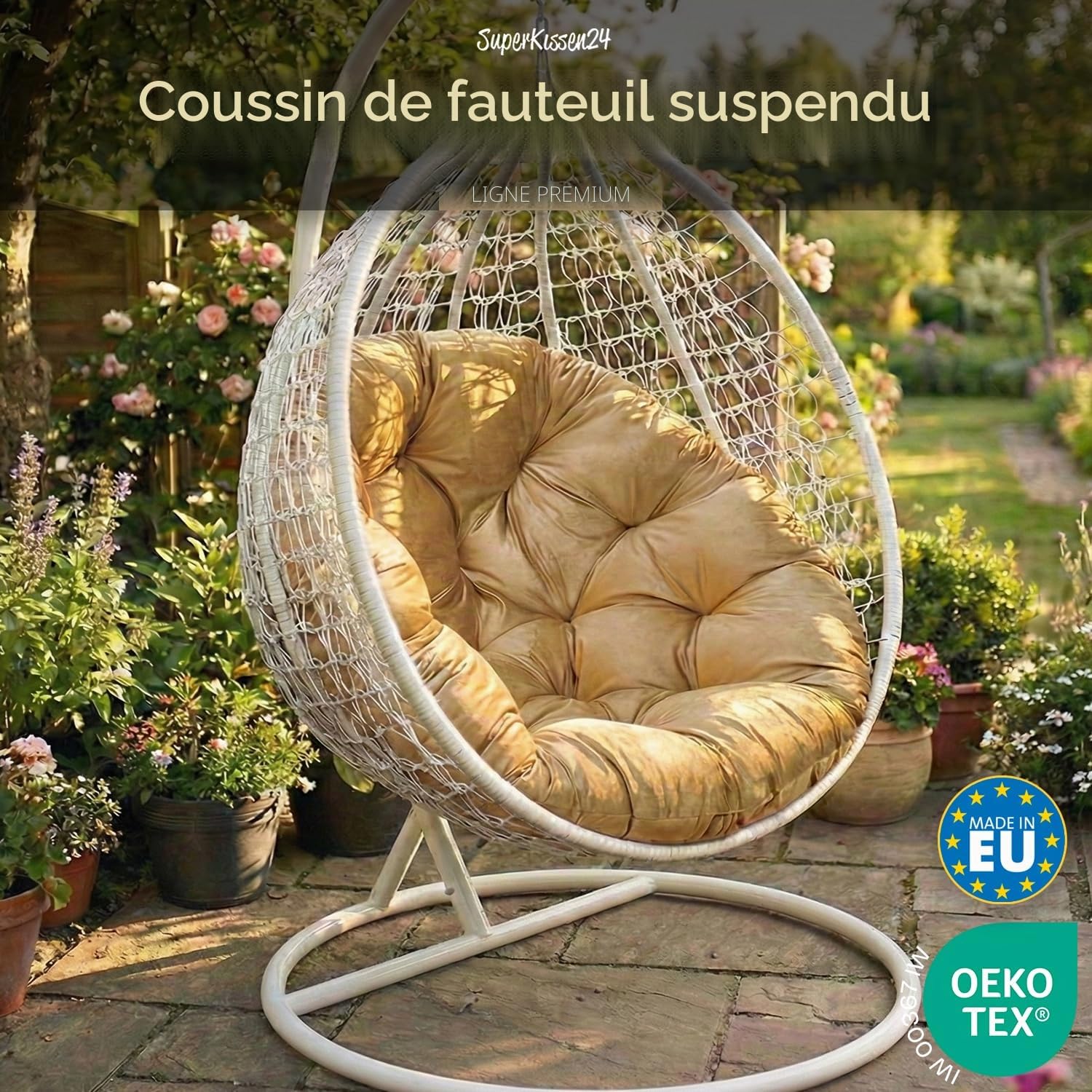 SuperKissen24. Coussin de Fauteuil Suspendu - Coussin Fauteuil Jardin - Oreillers de Oeuf Suspendu - Coussin Rond - Oreiller Moelleux - Beige