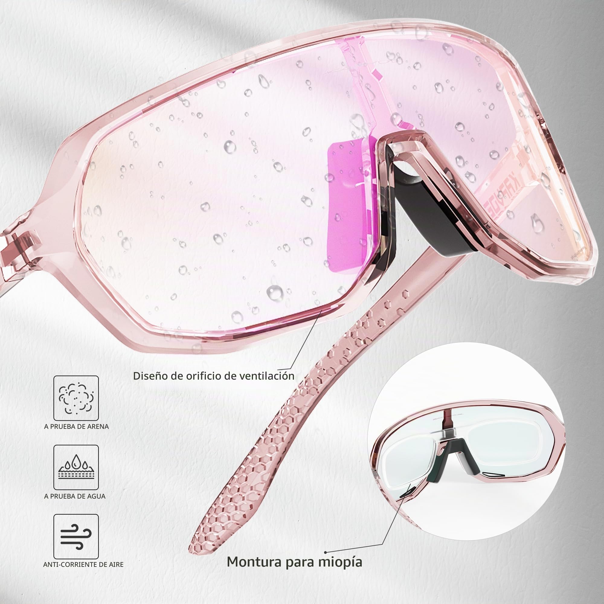 KAPVOE Gafas Ciclismo Fotocromáticas UV400 TR90 Hombre Mujer K63 | Fotocromática de transparente a rosa CAT.1-CAT.2, UV400, ventilación, TR90 ligero