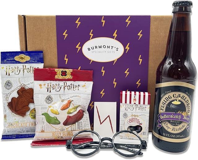 The Ultimate Harry Potter Selection Box - Non-Alcoholic Butterscotch Beer, Chocolate Frog, Jelly Belly Bertie Bott's Beans, Jelly Slugs, Wizard Glasses & Temp Tattoo - Hamper Exclusive to Burmont's