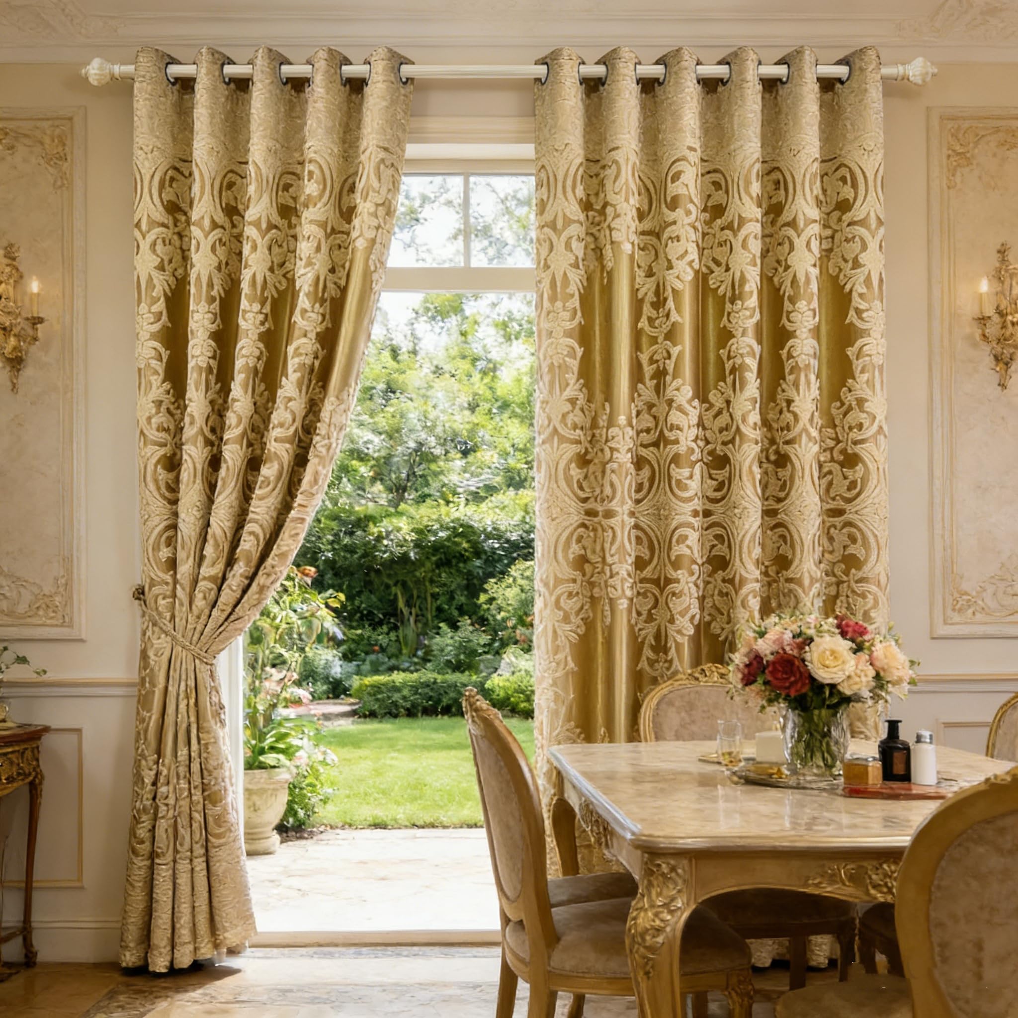 1 Panel Double-Layer European Curtain Grommet Top Floral Jacquard Voile Curtain Plus Gold Blackout Curtain Drape for Living Room Bedroom Balcony