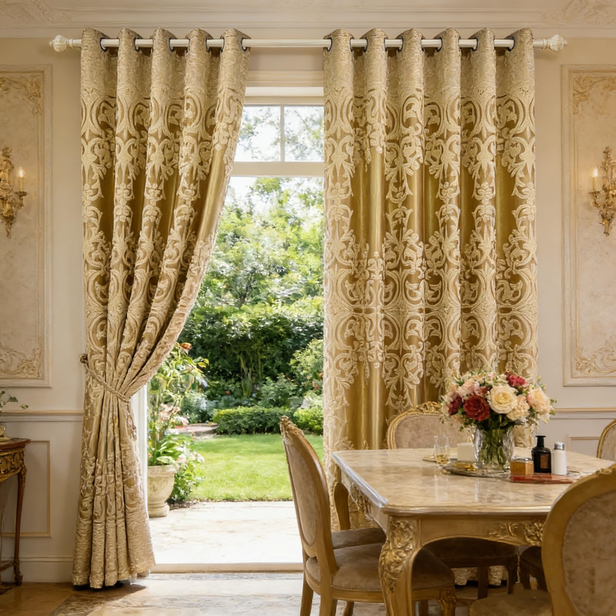 1 Panel Double-Layer European Curtain Grommet Top Floral Jacquard Voile Curtain Plus Gold Blackout Curtain Drape for Living Room Bedroom Balcony