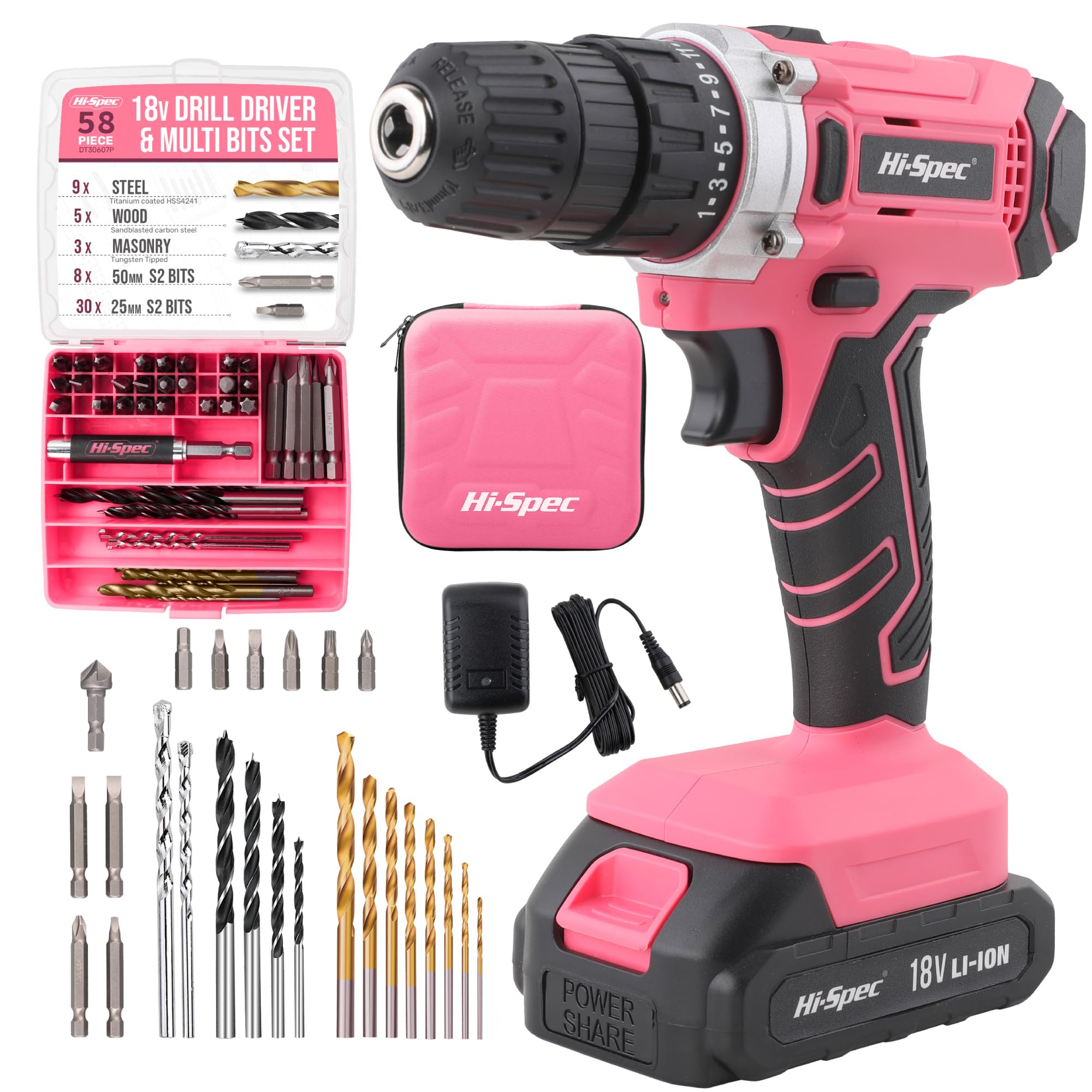 Hi-Spec Perceuse Visseuse Devisseuse sans Fil 8V Rose - Boite a Outils Complete avec Perceuse sans fil rechargeable - Perceuse, Embouts, Forets, Marteau, Tournevis et Plus pour Travaux