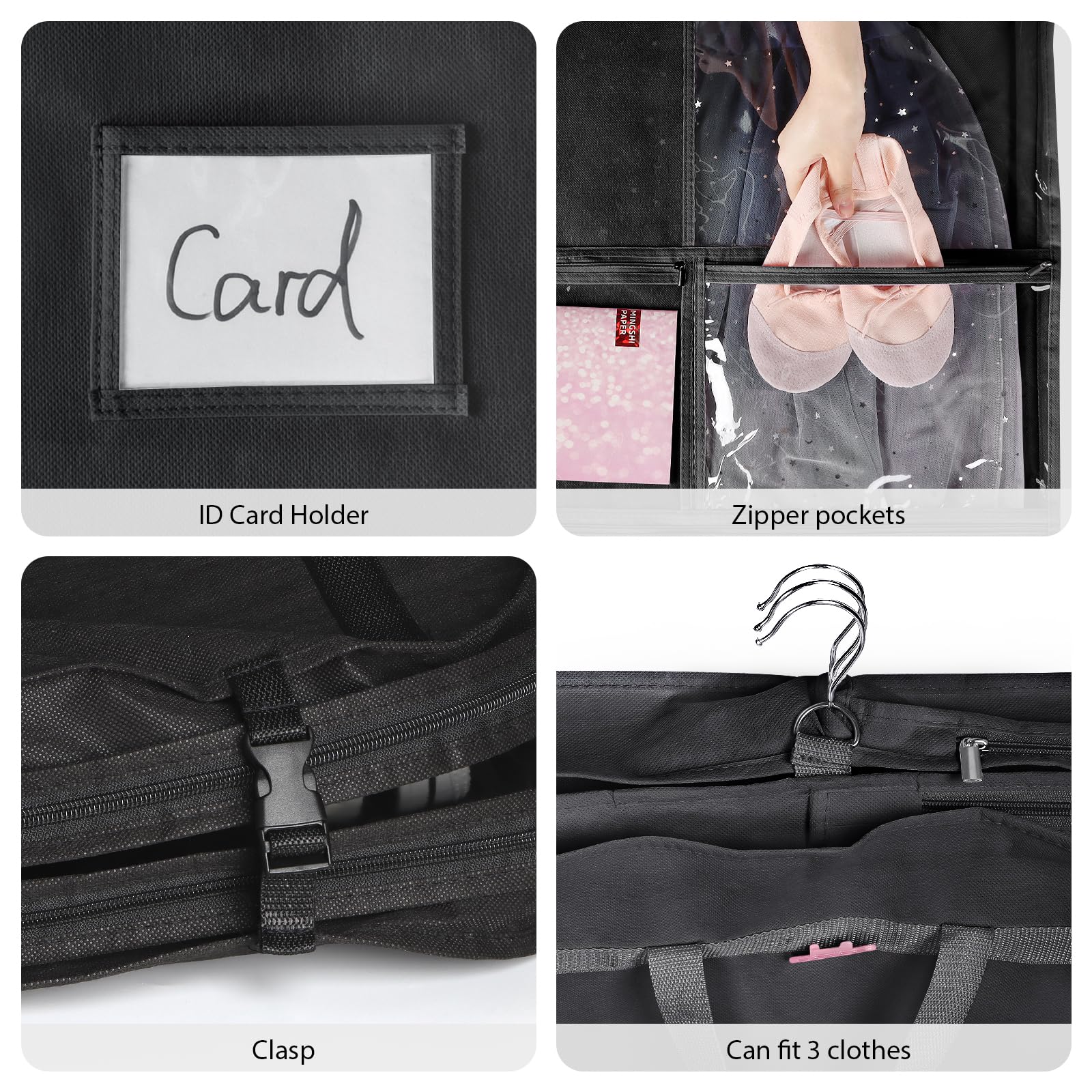Univivi Bolsas Negras para Disfraz de Baile de 40 Pulgadas, para competiciones de Baile, 3 Bolsillos medianos Transparentes con Cremallera y 2 Bolsillos Traseros con Cremallera, con 1 Colgante, 3