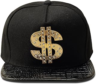 Snapback Cap Men's Hip-hop Flat top Brimmed hat, Flat Brim hat Dollar Sign hat, Faux Leather Brim Hip-hop Beanies Hats
