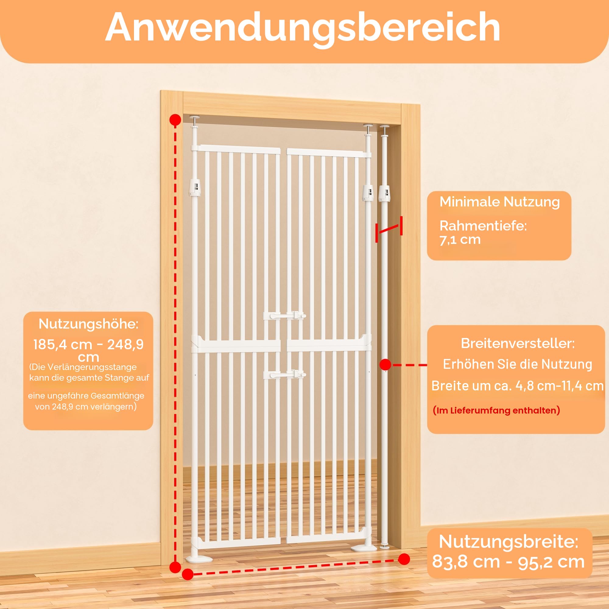 180,3 cm Extra Hohes Katzengitter Tür, 86-90 cm Breites Katzenschutzgitter, 3,4 cm Extra Schmaler Spalt, Automatisches Schließen, Kein Bohren, Doppelte Haustiertür für Türen, Küche