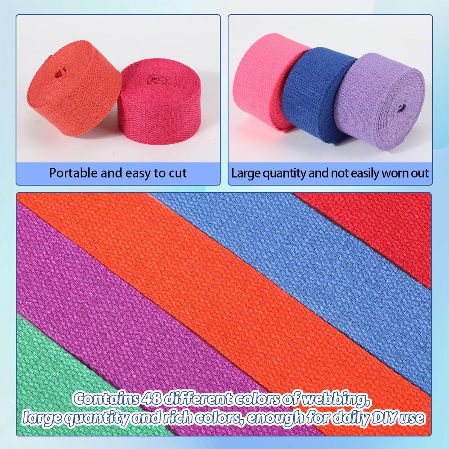Windyun 48 Rolls Heavy Cotton Webbing 157.5 Yard 48 Color Mixed Polyester Cotton Webbing Strap Tote Bags Leash Straps for Making Bag Handles Cloth Belt Crafts Outdoor Accessories Supplies