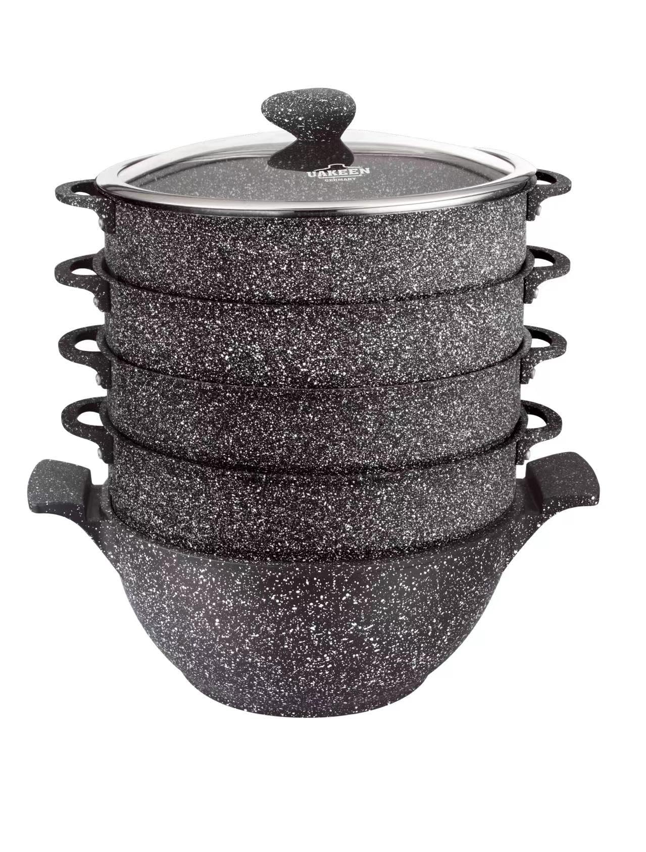 2in1 Black Kazan und Dampfkocher, Dampfkochtopf, Mantowarka Kasan mit Granit Keramikbeschichtung 6 Liter 28cm Durchmesser Keramik Design Kochtopf Schwarz
