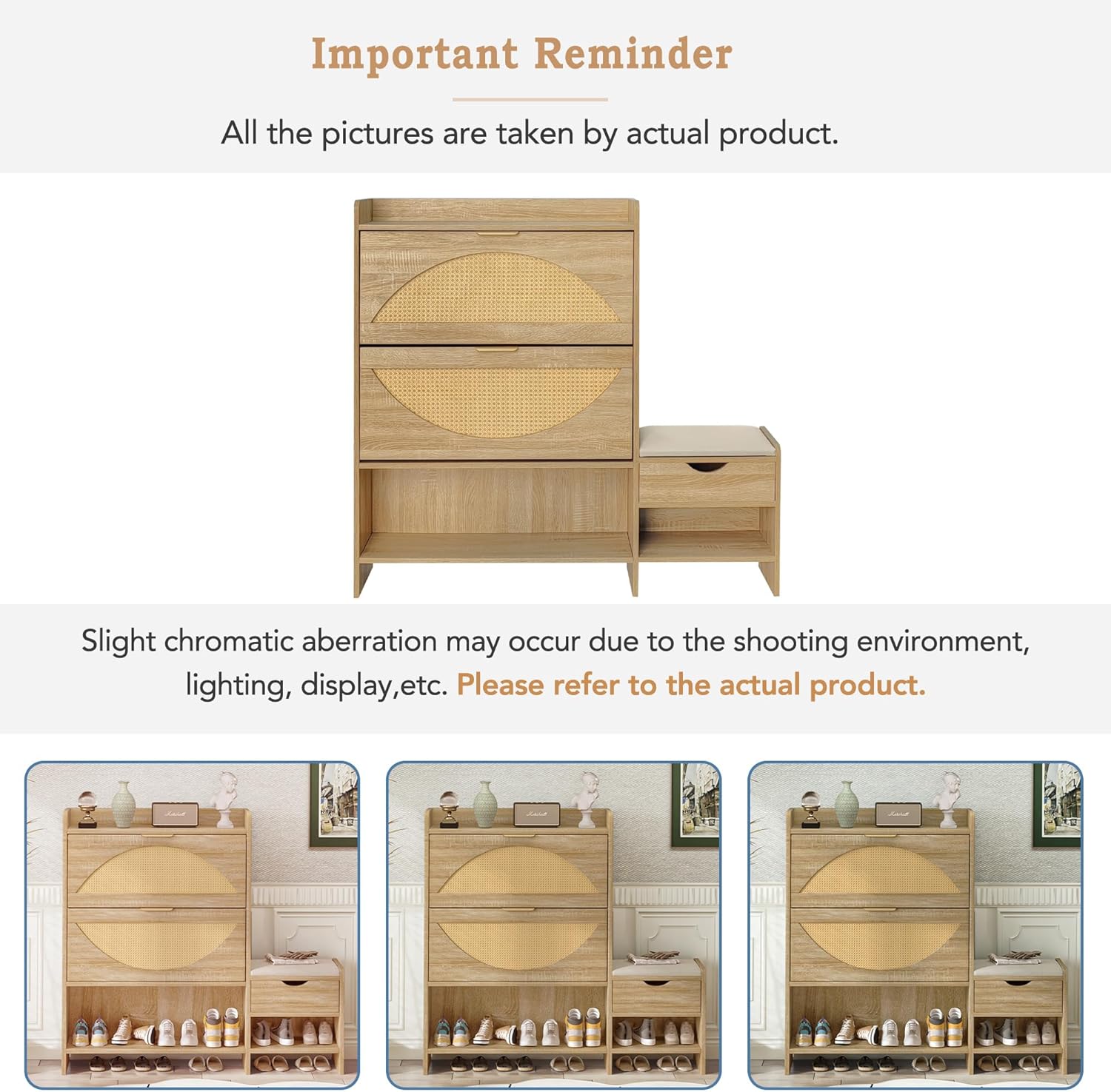 Merax Farmhouse Wood Shoe Rack for Entryway Hallway Front Door, Rattan Shoe Cabinet with 2 Flip Drawer, a Drawer and Bench Light Brown