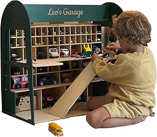 Enjoy The Wood Toy Parking Garage with Elevator Wooden Toy Car Storage Small Car Compatible Gift for Toddlers 1-4 Years Old Organizer Case Shelf for Mini Toy Cars (Big, Green)