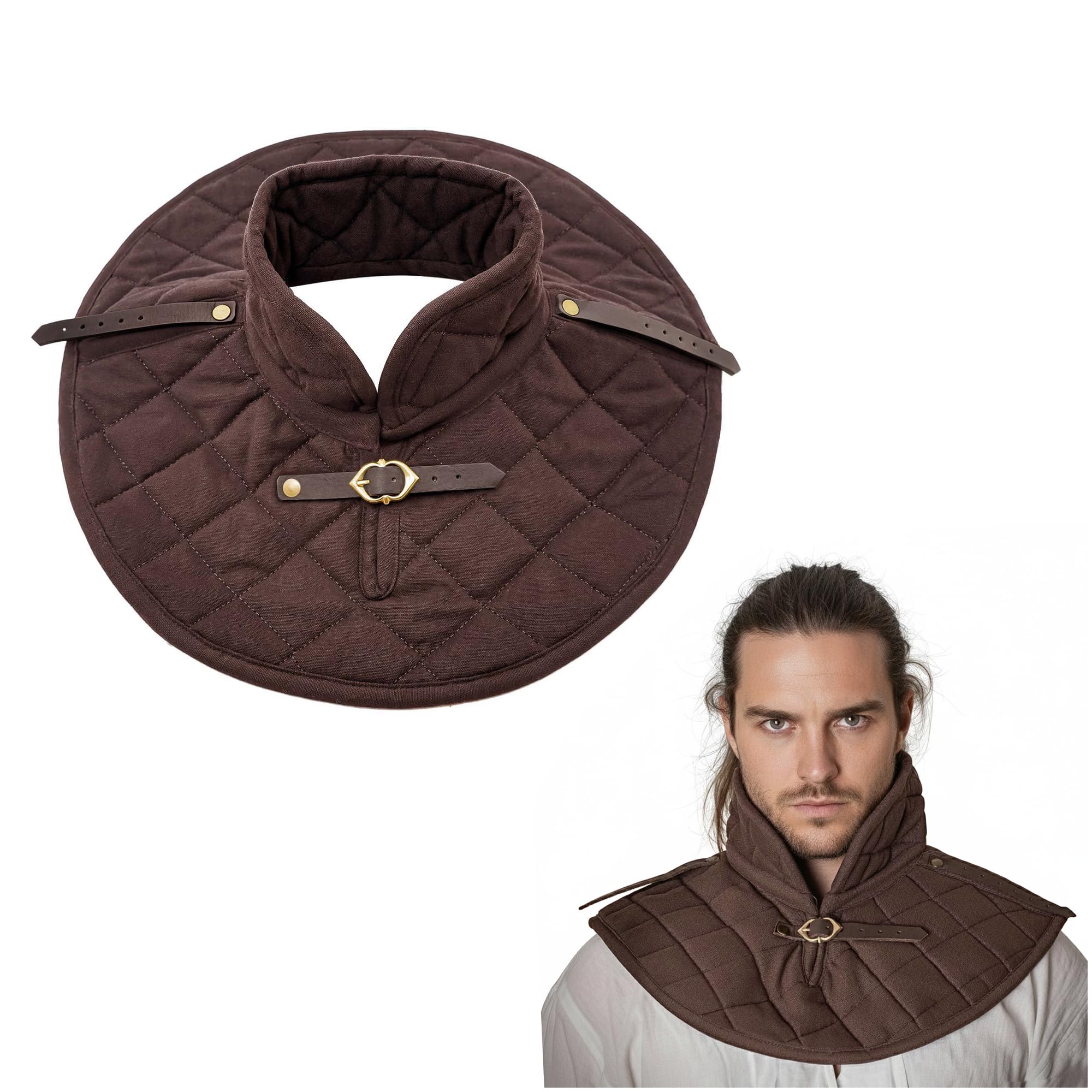 Lord of Battles Medieval Padded Collar Chain Mail Protector Renaissance Cotton Padded Gorget Costume (Brown)