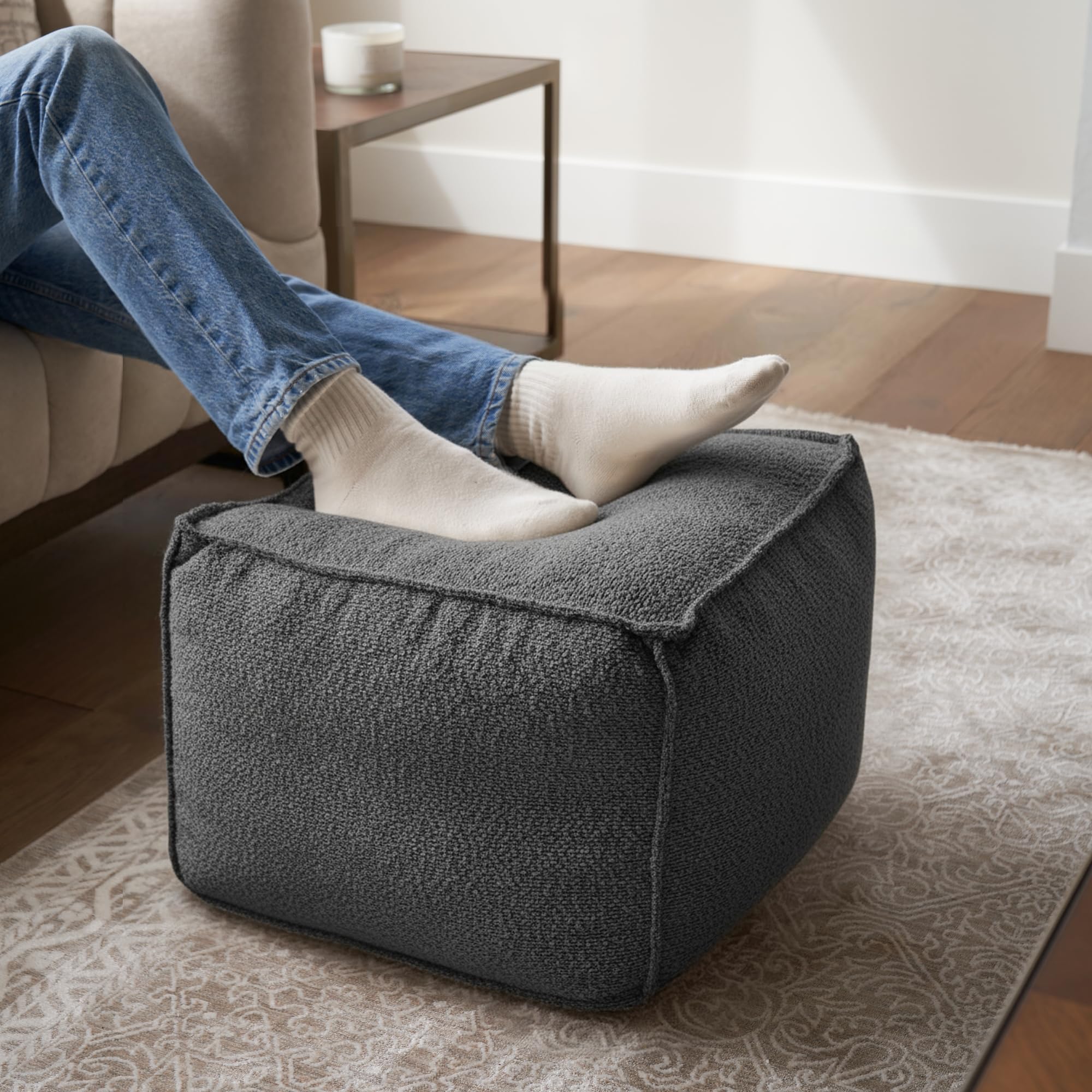 Boucle Ottoman チャコールグレー 2way ZICOTO Beautiful Boucle Pouf Ottoman and Foot Rest - Elevate Your