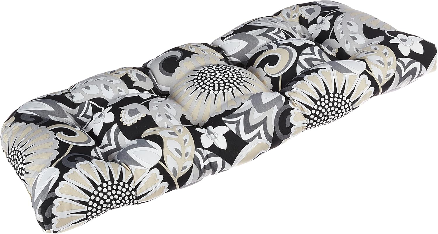 Pillow Perfect Floral Indoor/Outdoor Sofa Setee Swing Cushion, Tufted, Weather, and Fade Resistant, 19" x 44", Black/White Sophia, 1 Count Round Corner - 19" x 44" Black/White Sophia