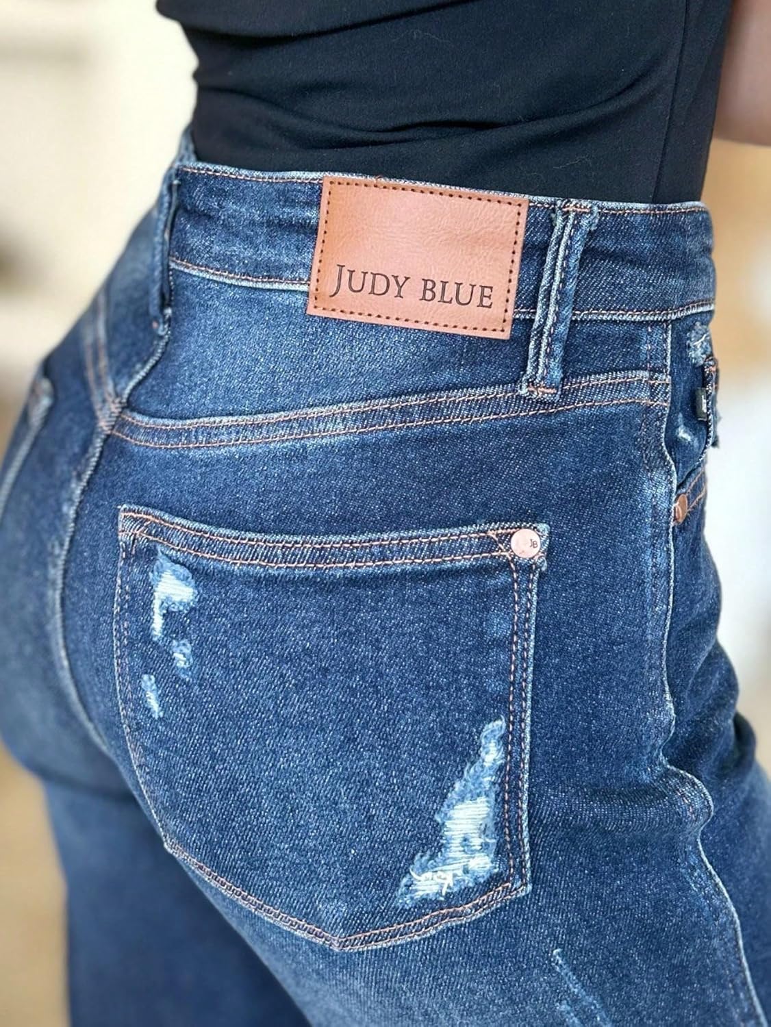 Judy-B Women's Casual Jeans High-Waisted Rigid Magic Heavy Destroy Straight Denim Pants Dark Blue with Ripped Details - Image 7