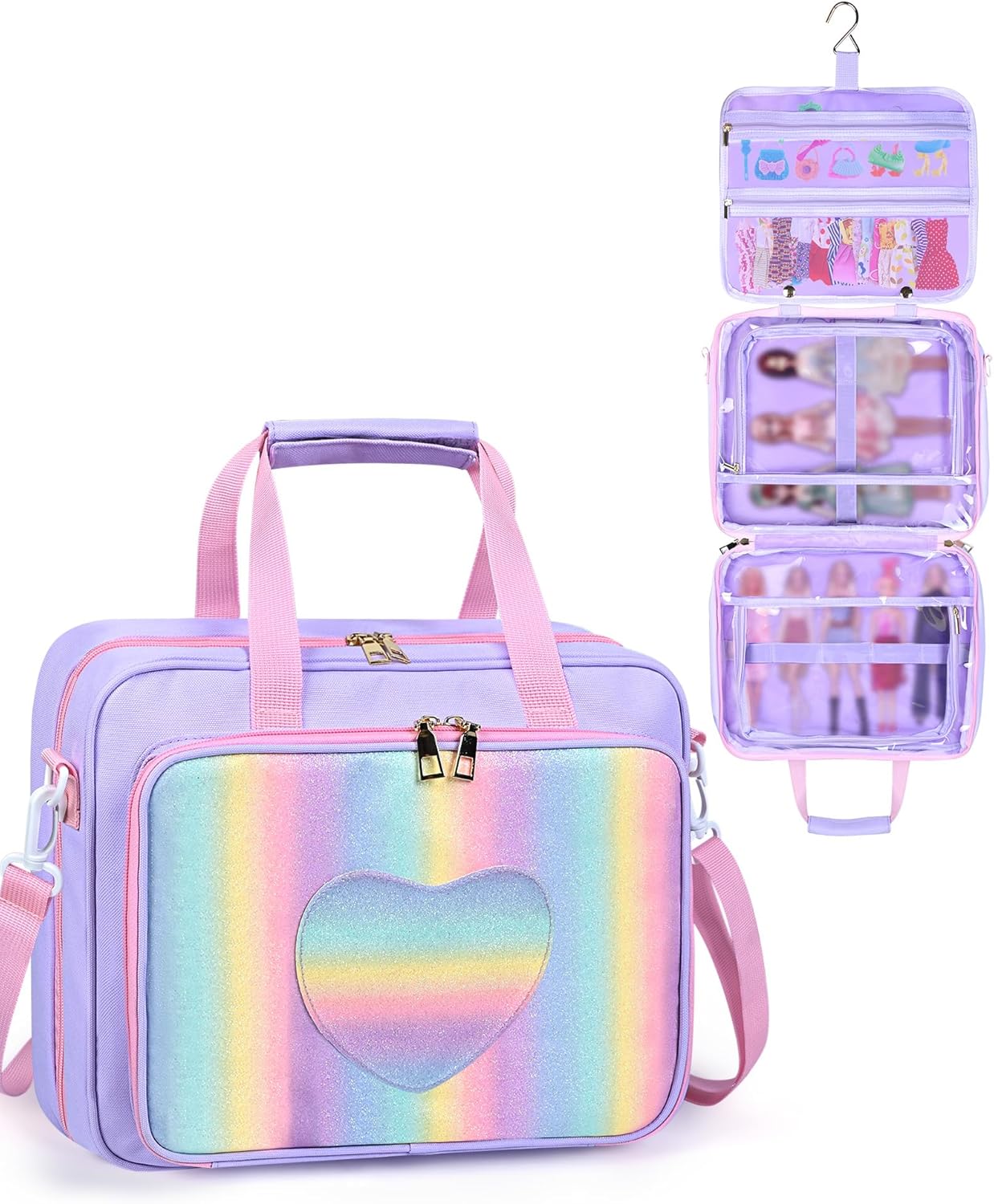 Doll Carrying Case Compatible with Barbie 10–12 Inch Dolls, Large Capacity Doll Storage Organizer Bag with Compartments for Mini Dolls, Clothes and Accessories, Pink (Bag Only)