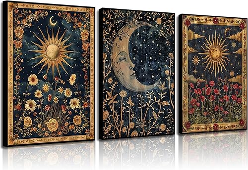 3 piezas de lienzo celestial de sol y luna, arte de pared con tarot, luna creciente, decoración de pared, cuadros góticos de flores silvestres,