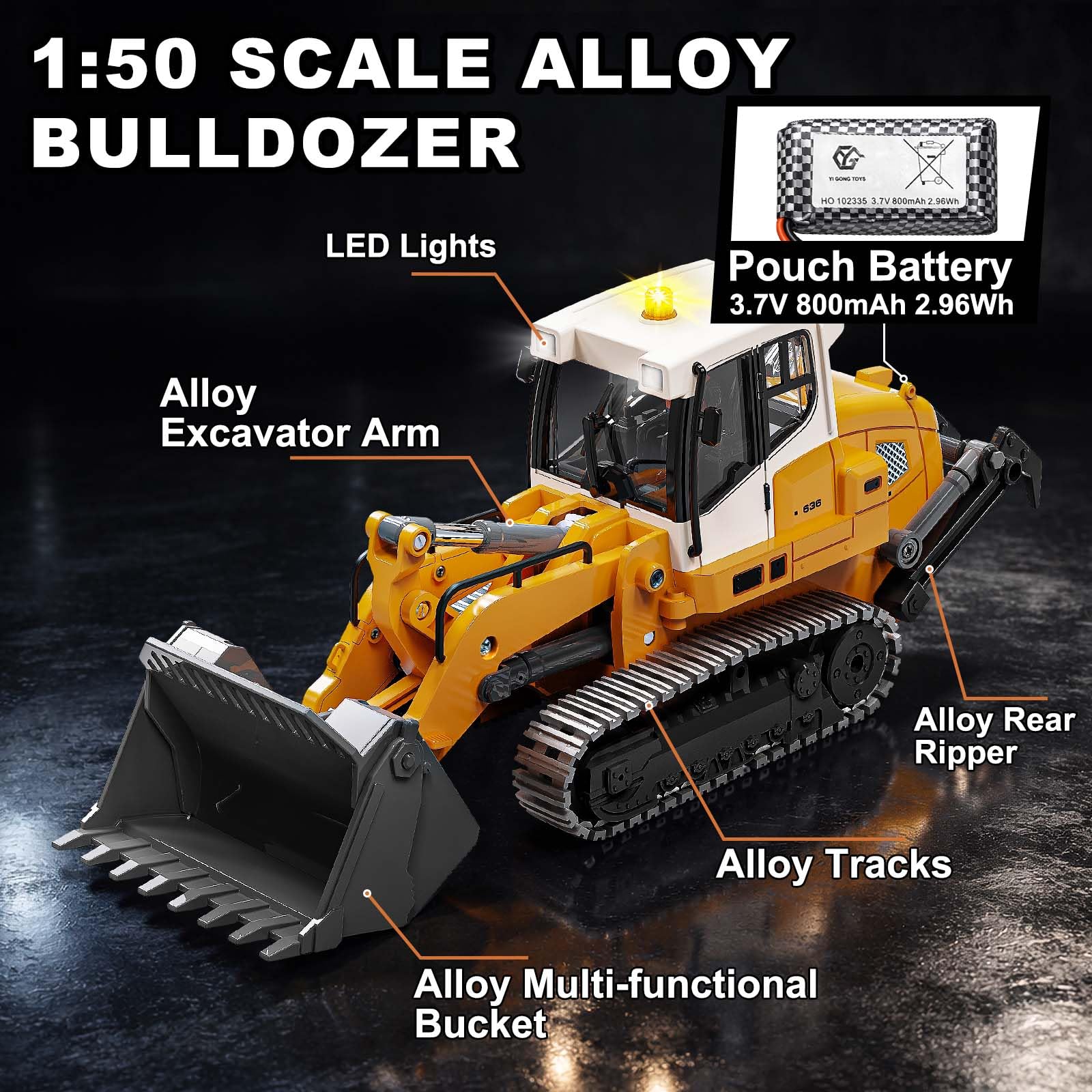 Bulldozer Teledirigido Profesional Mini 1:50 para Arena y Arenero, Cargadora RC de Orugas con Pala Metálica, Cadenas Metálicas, Mando LCD 2,4 GHz, Luces y Sonido, 2 Baterías
