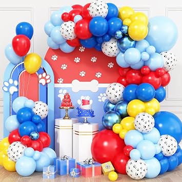 Blue Balloon Arch Garland Kit Dog Paw Blue Yellow Red Paw Print Balloons