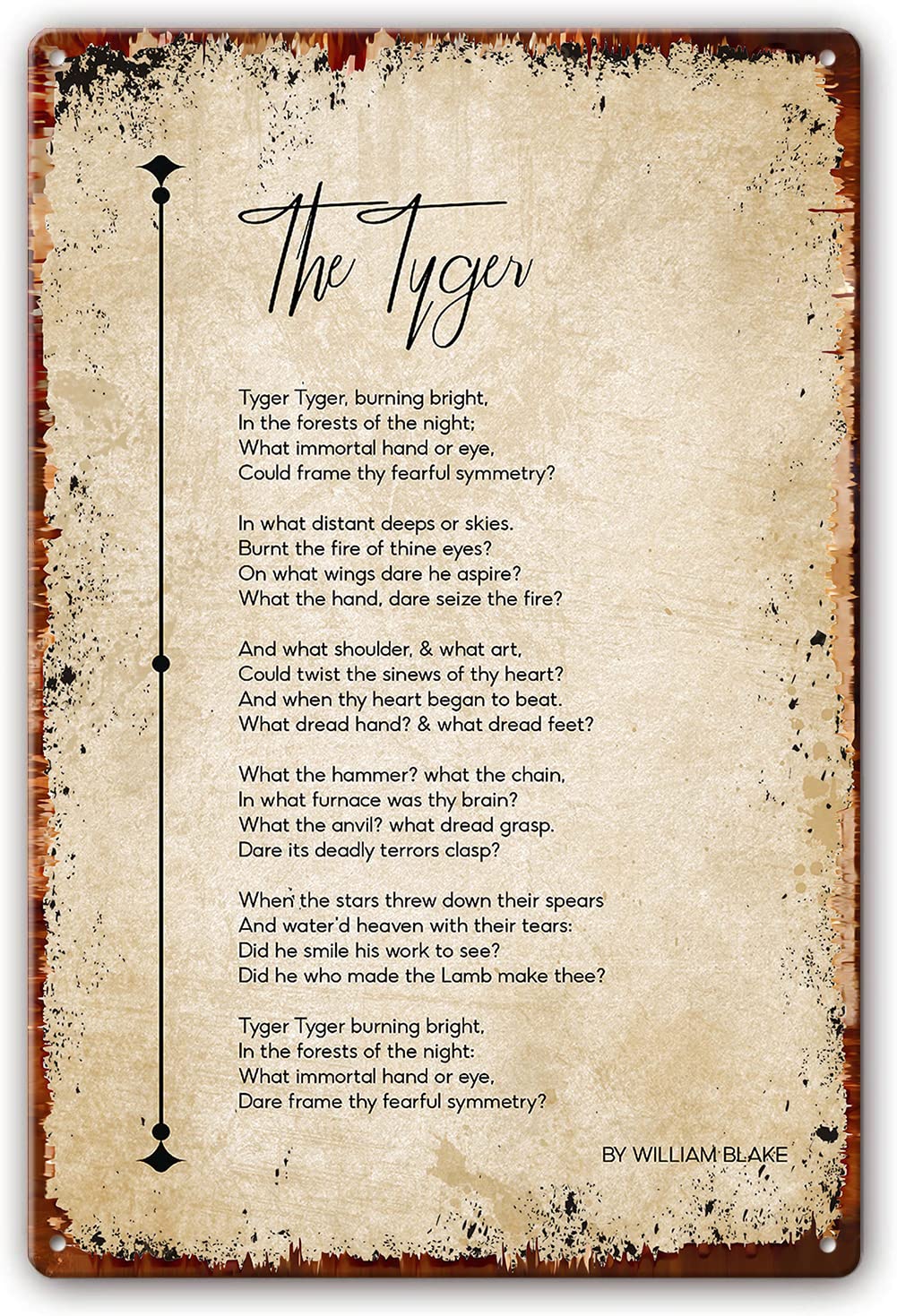 Preeklen Tin Sign 094 Tiger Poem Wall Art Tin Signs William Blake Quotes Wall Art Poetry Posters For Room Decor Pictures Aesthetic Artwork For Bedroom Painting Pics Modern Farmhouse Decor 6X8 Inch