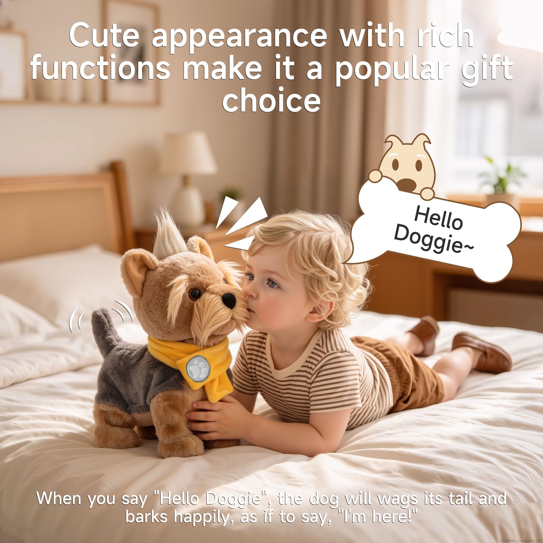 TUMAMA KIDS Perrito de Peluche Que Camina, Perro Interactivo | Juguete electrónico que canta, ladra y mueve la cola; peluche con control por voz – Juguete para niños y niñas