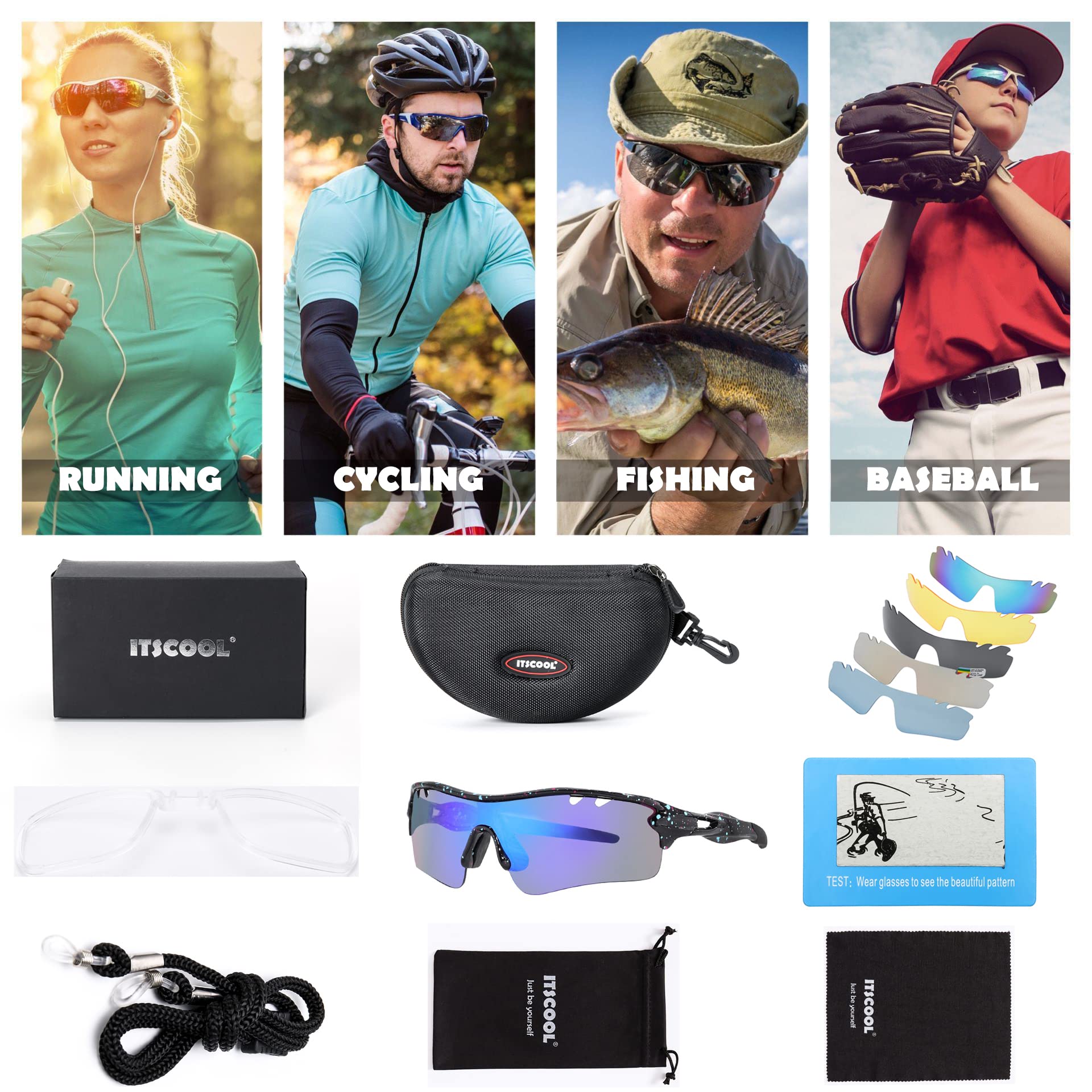 ITSCOOL Polarisierte Sport-Sonnenbrille mit 5 austauschbaren Gläsern für Männer und Frauen, Softball, Laufen, Radfahren, Baseballbrille